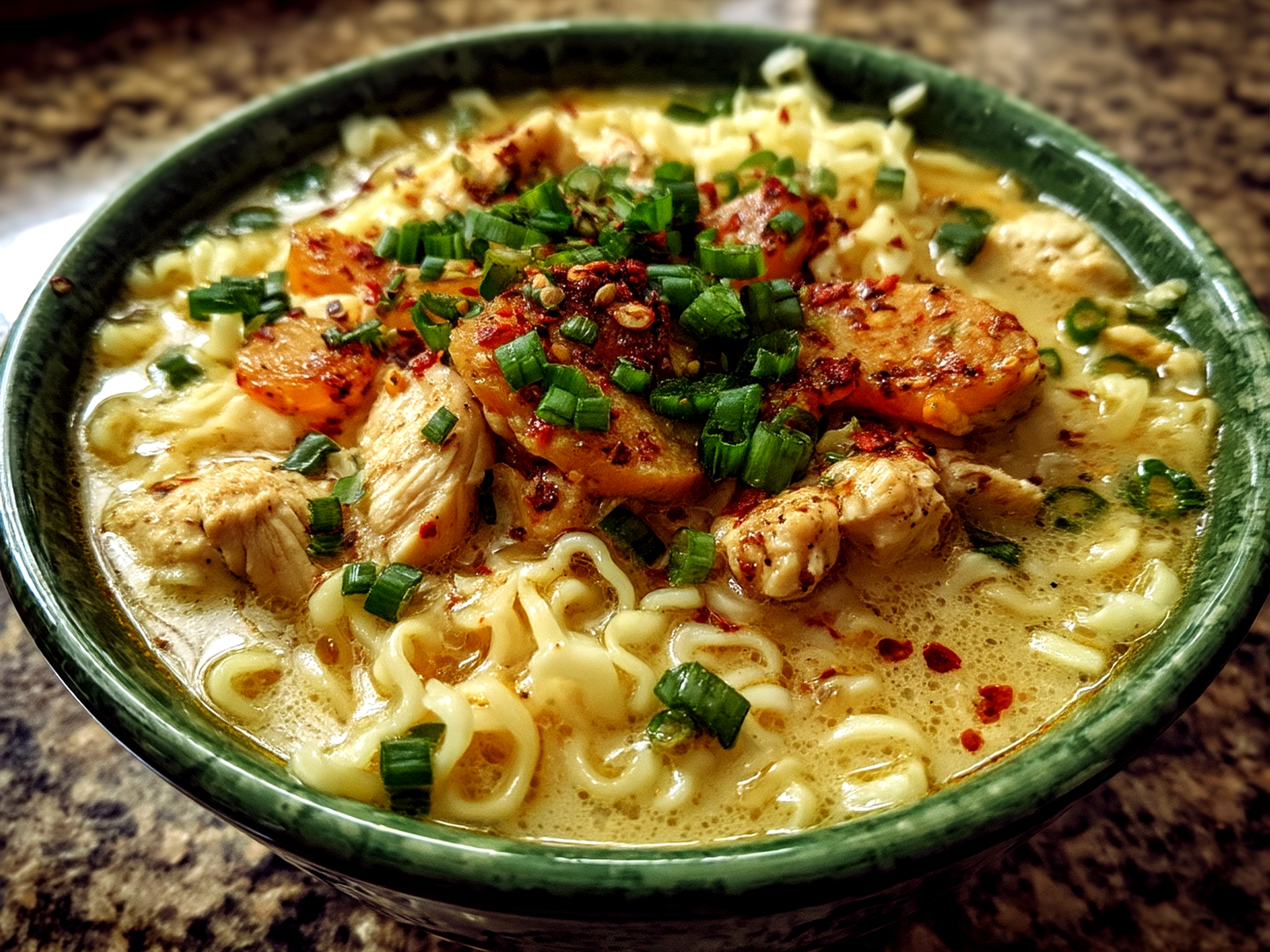 Serving bowl of creamy garlic chicken ramen with chopped green onions