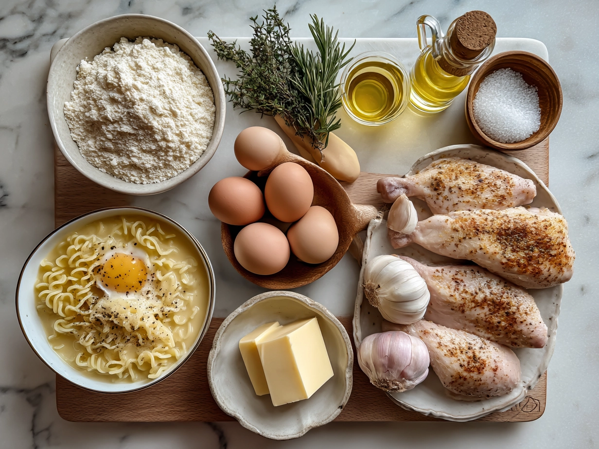 Ingredients for Creamy Garlic Chicken Ramen including chicken, garlic, broth, noodles, and vegetables