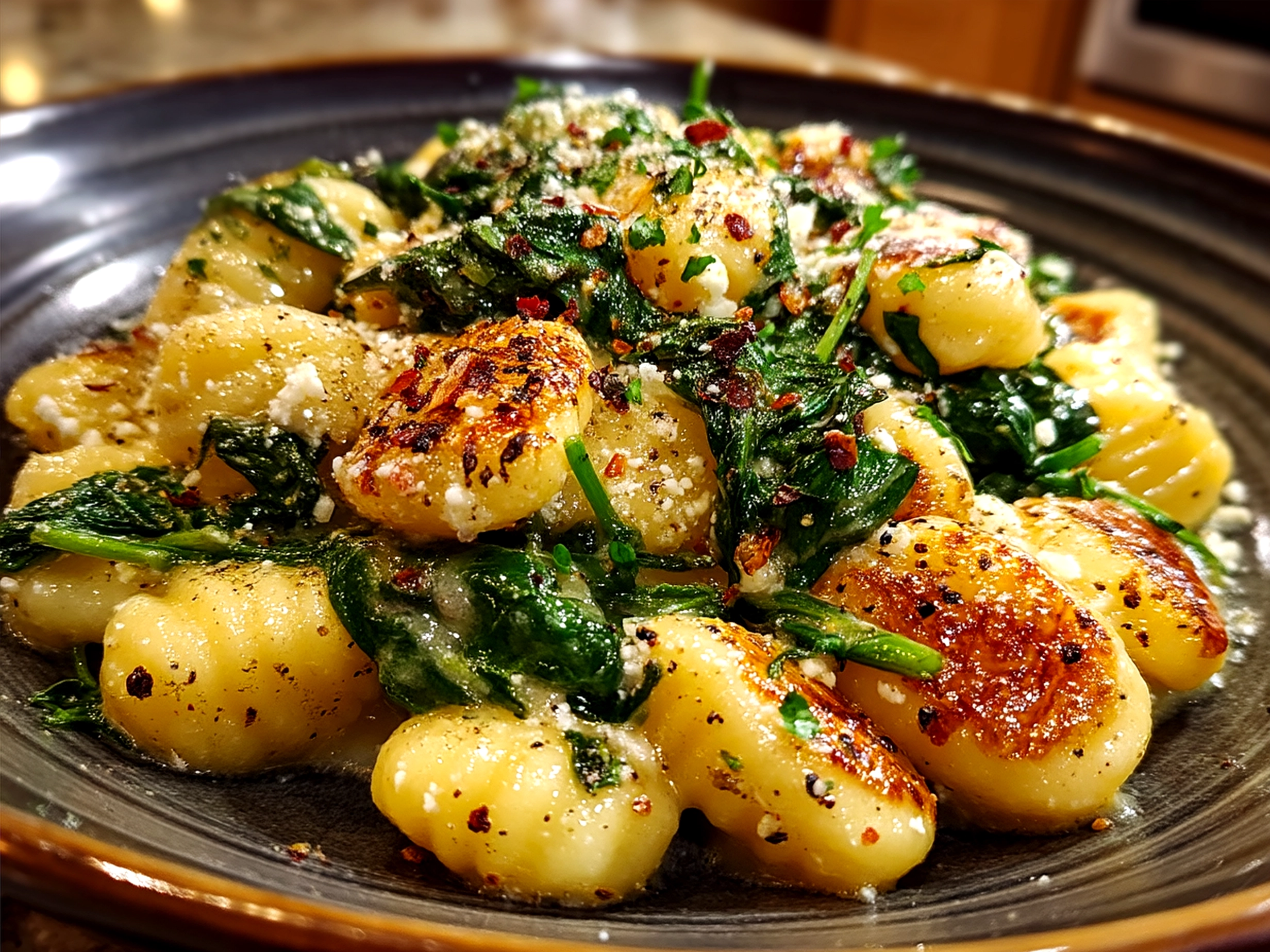 Serving creamy gnocchi with spinach and feta with Parmesan and garlic bread