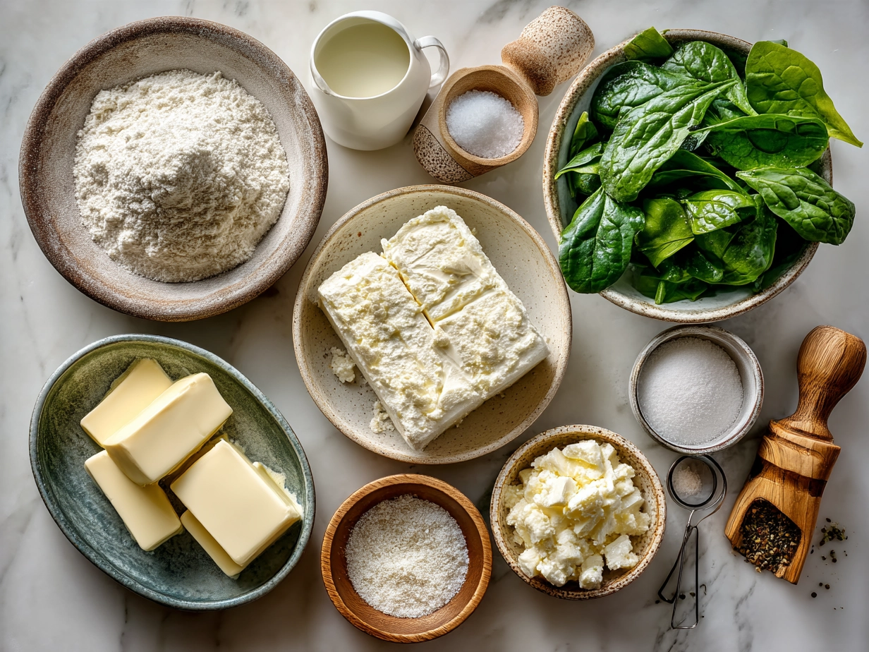Ingredients for creamy gnocchi with spinach and feta: potato gnocchi, fresh spinach, feta cheese, heavy cream, garlic, olive oil, Parmesan cheese, salt and pepper