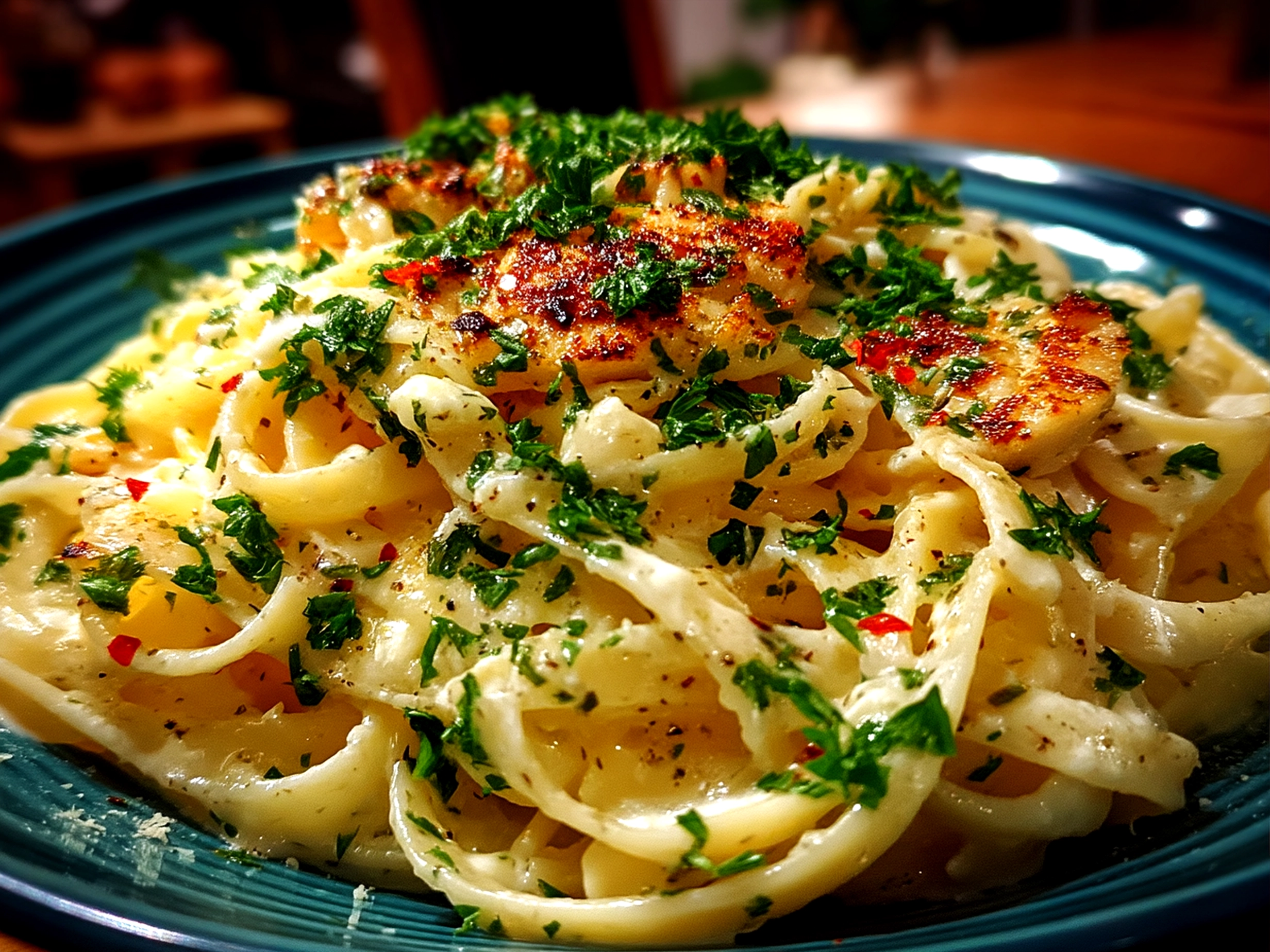 Creamy Roast Garlic and Lemon Pasta Sauce served in a bowl with parsley garnish
