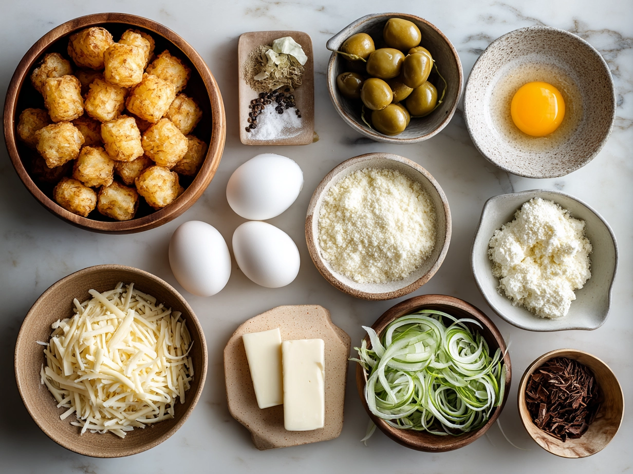 Ingredients for making crispy tater tots including potatoes and seasonings
