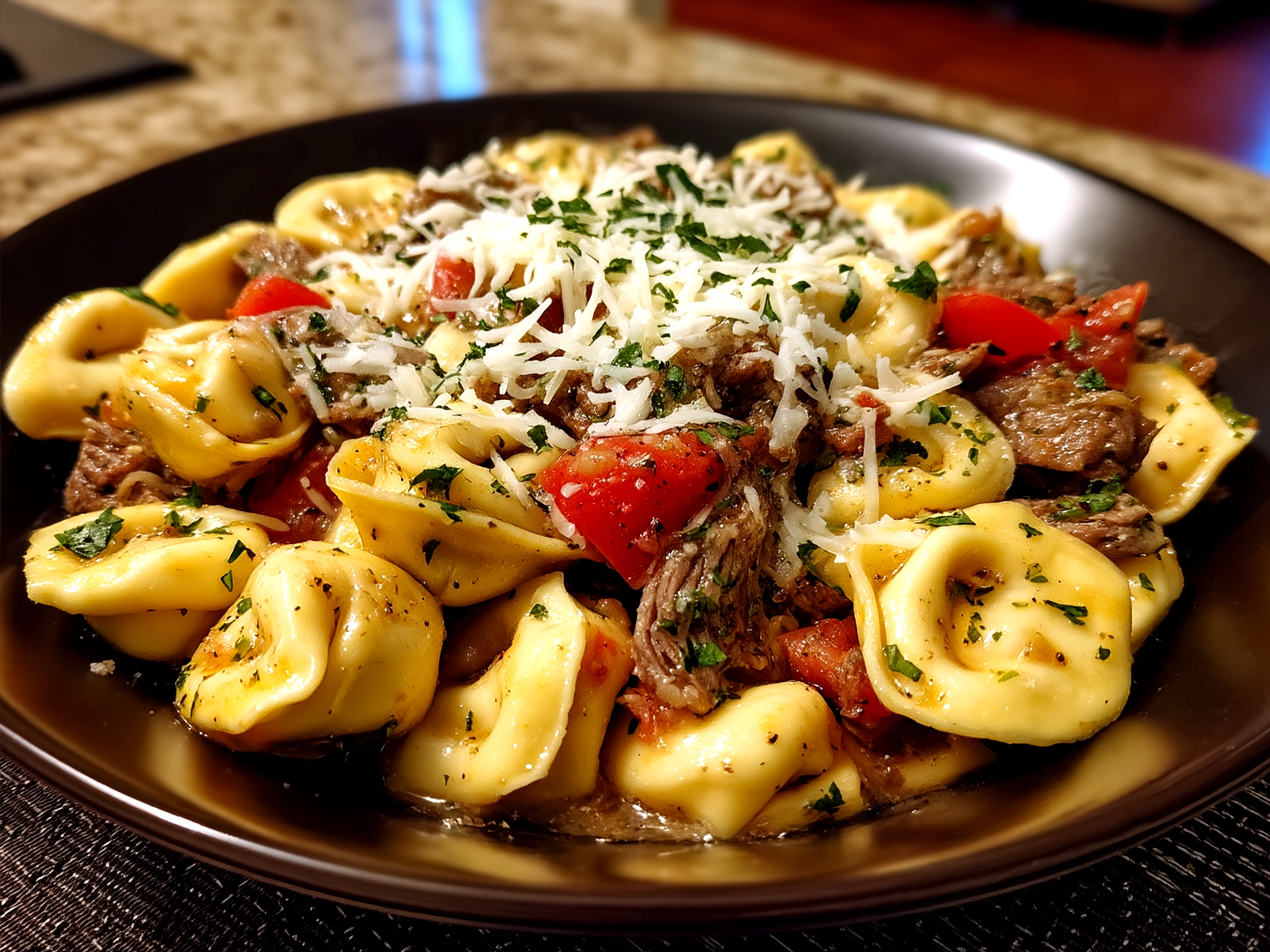 Serving Crock Pot Cheesesteak Tortellini warm with salad and garlic bread