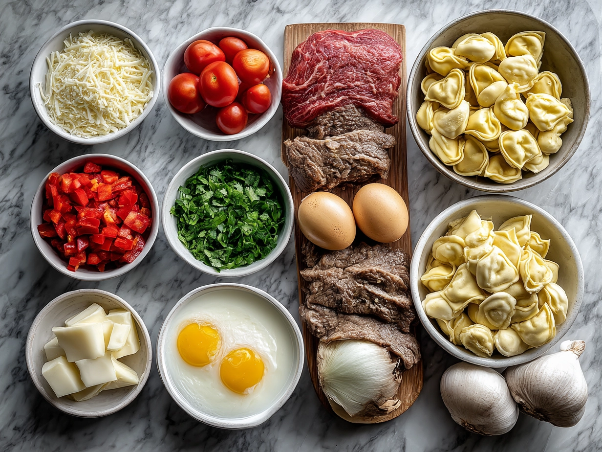 Ingredients for Crock Pot Cheesesteak Tortellini: beef, cheese tortellini, onion, bell pepper, beef broth, cream of mushroom soup, cheese, garlic, Worcestershire sauce
