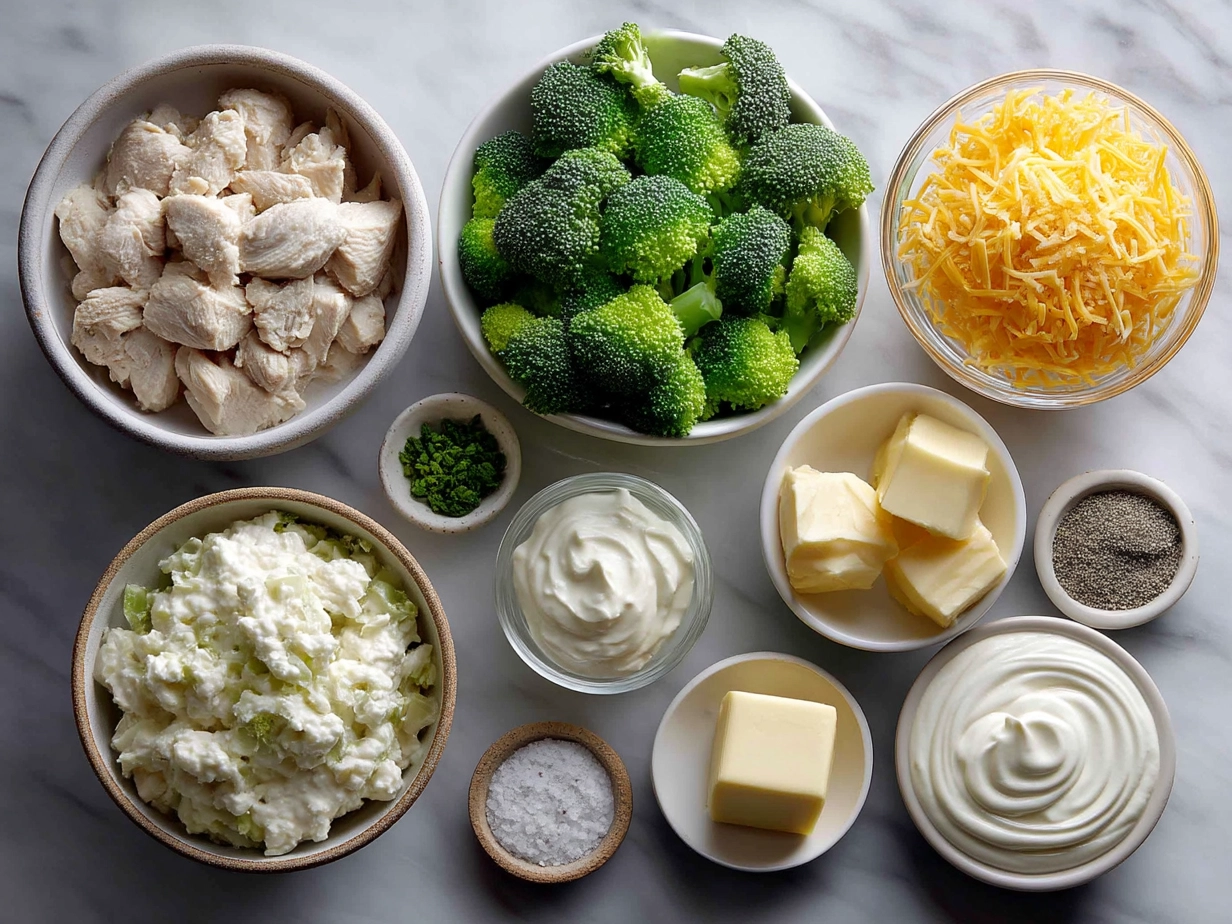 Ingredients for Crockpot Creamy Broccoli Cheddar Chicken laid out on a kitchen counter