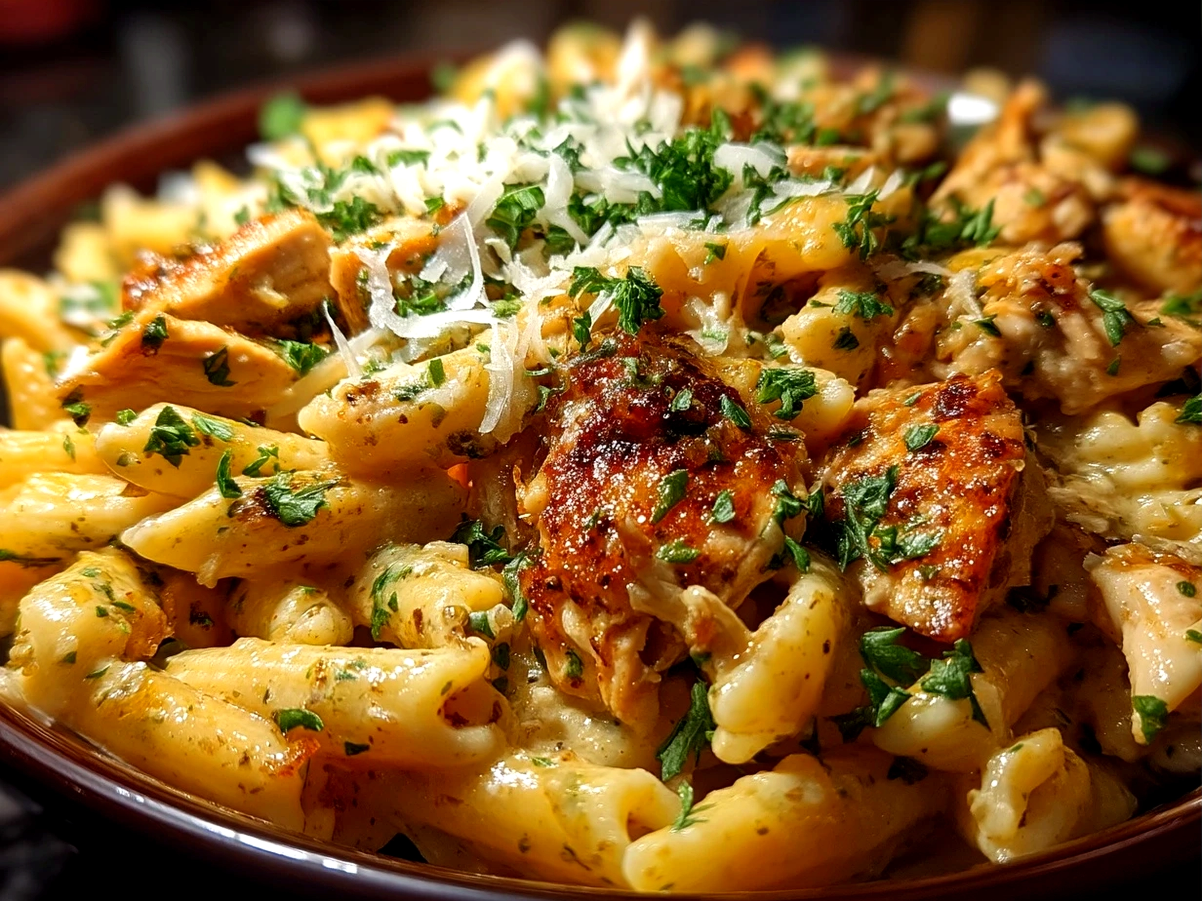 Served Crock Pot Creamy Cajun Chicken Pasta plated and ready to enjoy