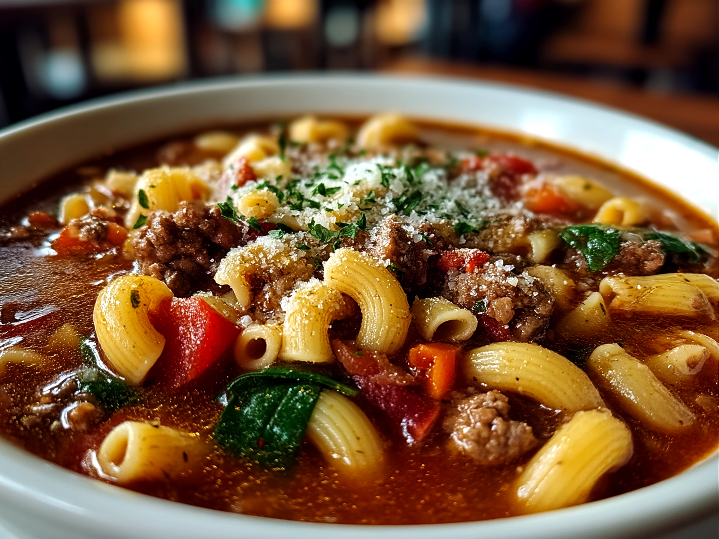 Bowl of Crock Pot Pasta Fagioli soup served with bread