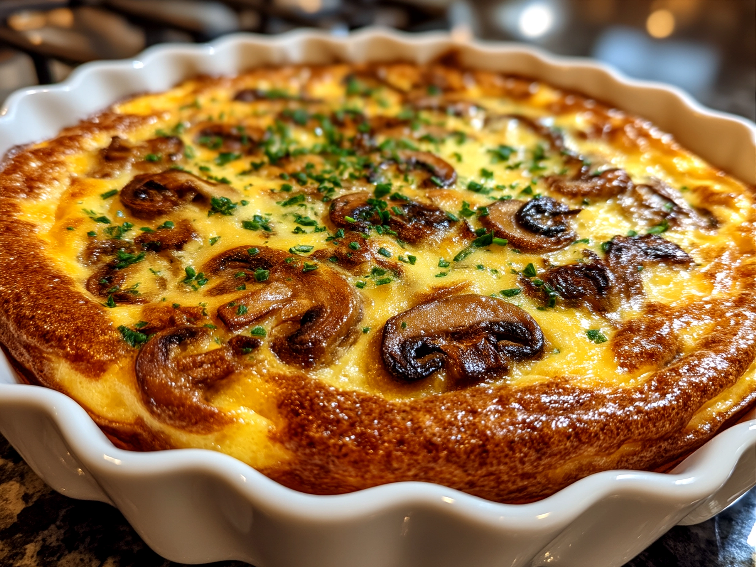 Slice of crustless mushroom quiche served with fresh salad