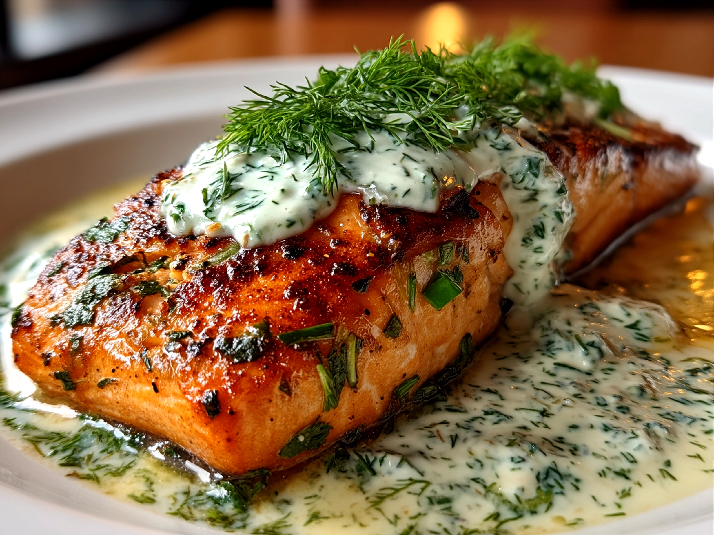 Plated Dill Salmon with Potato Wedges and Creamy Pickle Dill Sauce ready to eat