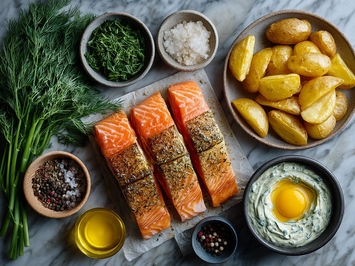 Ingredients laid out for Dill Salmon with Potato Wedges and Creamy Pickle Dill Sauce