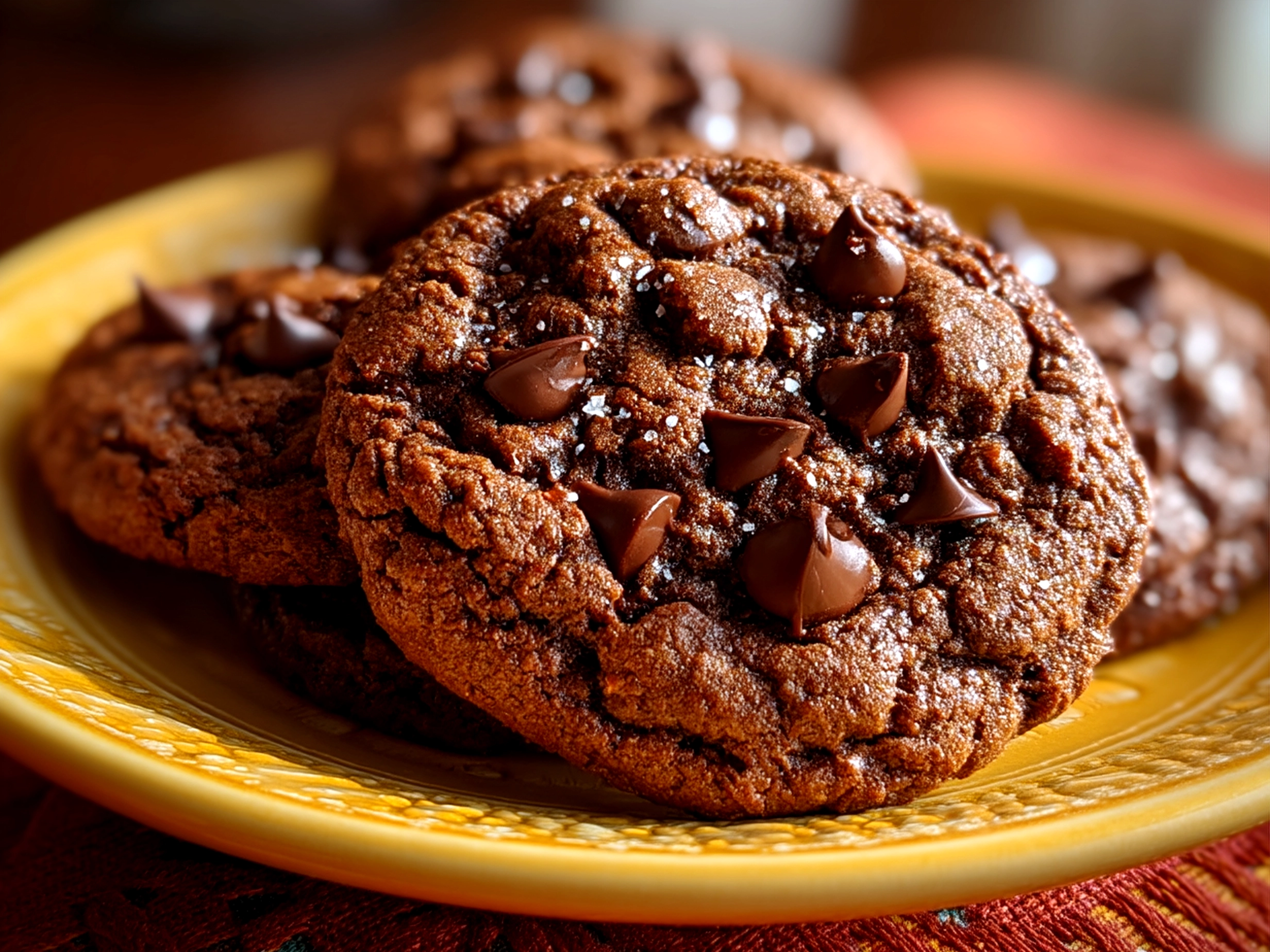 Plate of freshly baked double chocolate chip cookies served for a family snack