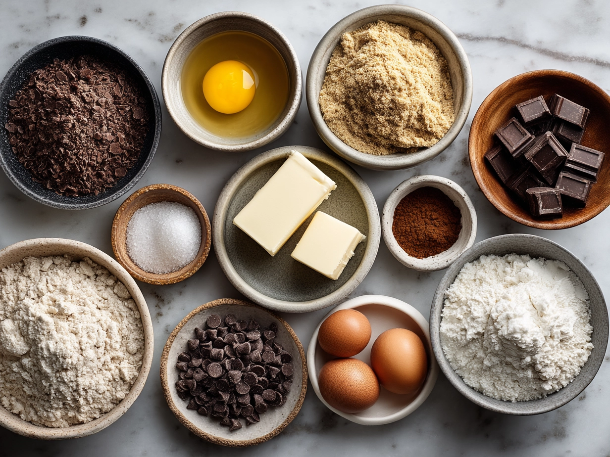 Ingredients for double chocolate chip cookies including flour, cocoa powder, butter, sugar, eggs, and chocolate chips