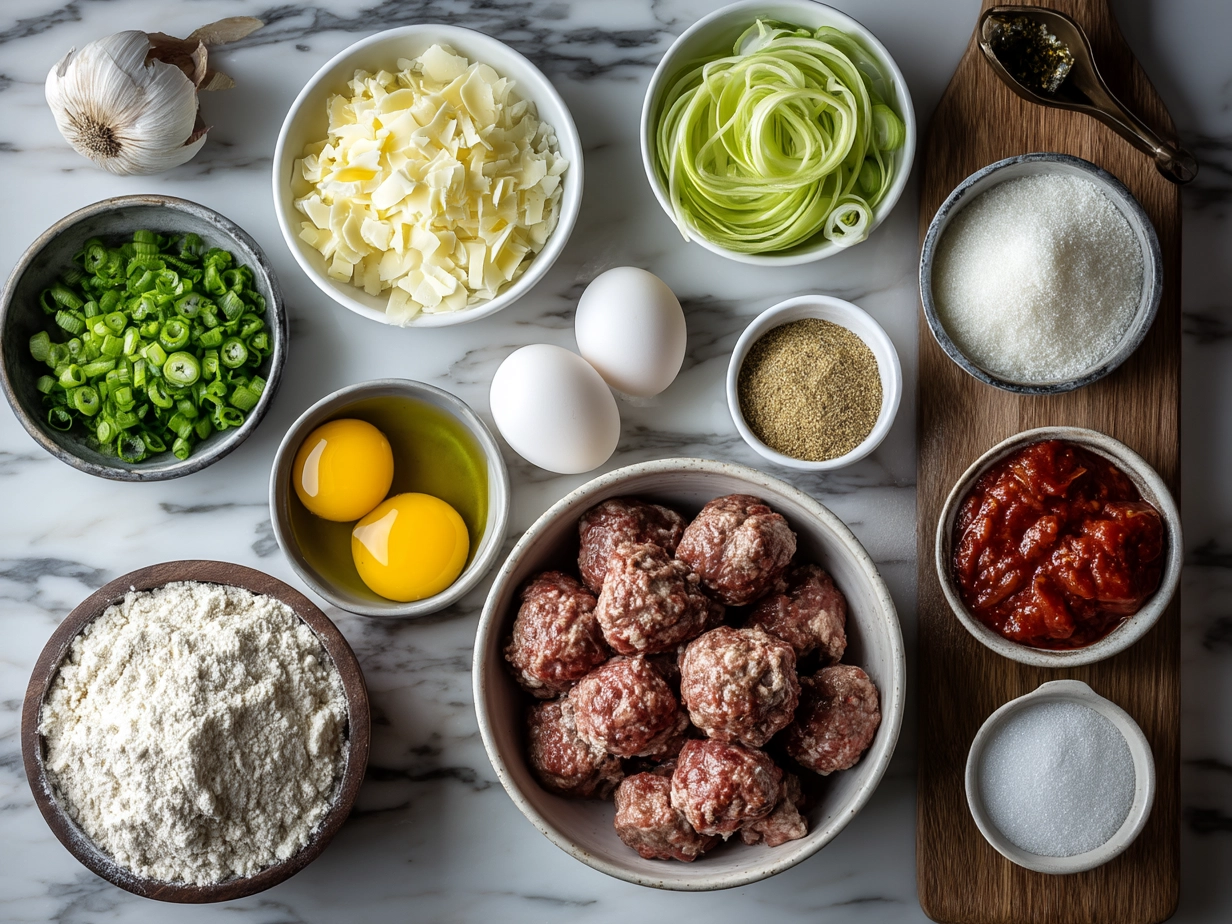 Ingredients for Dump-and-Bake Meatball Casserole laid out including pasta, cheese, meatballs, and marinara sauce