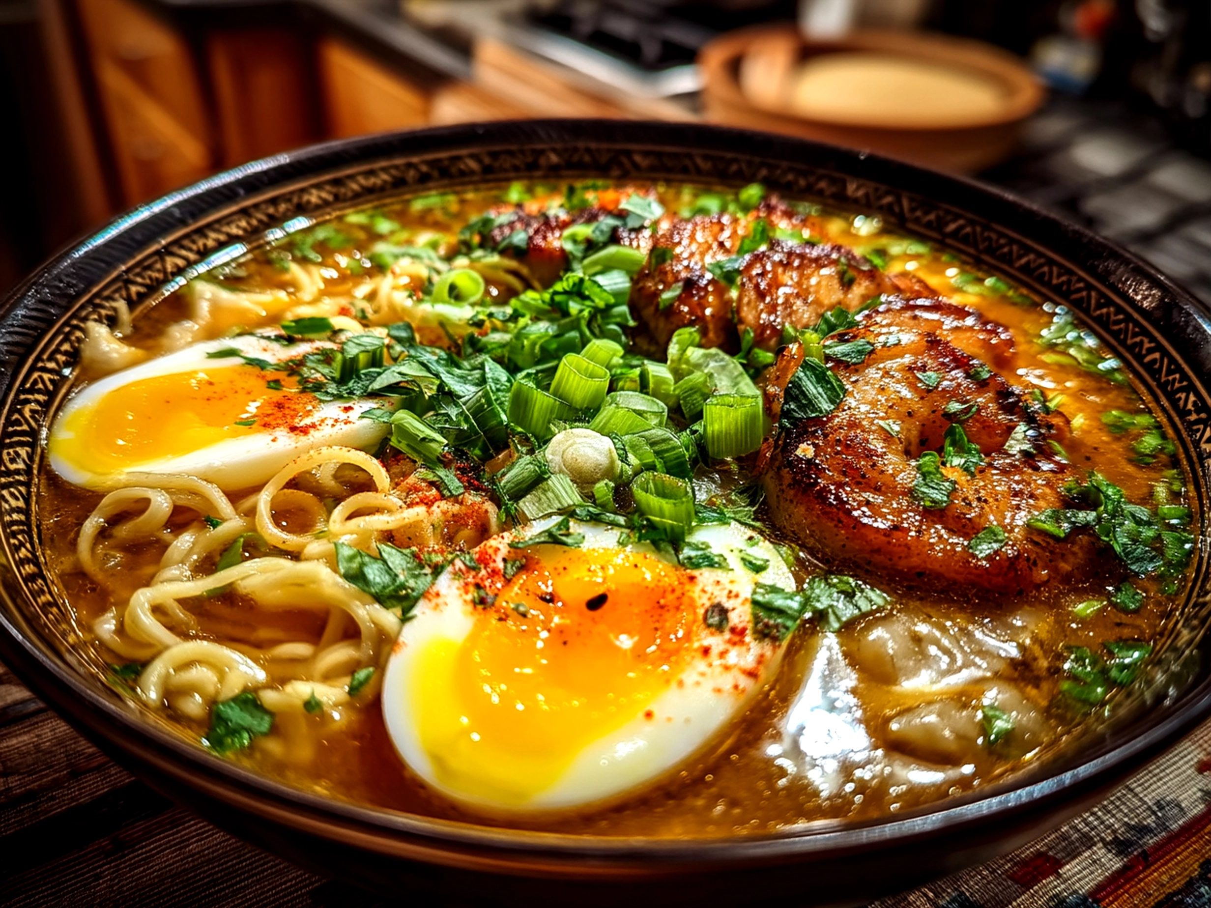 Serving of Dumpling Ramen Bowl with soft boiled egg and green onions