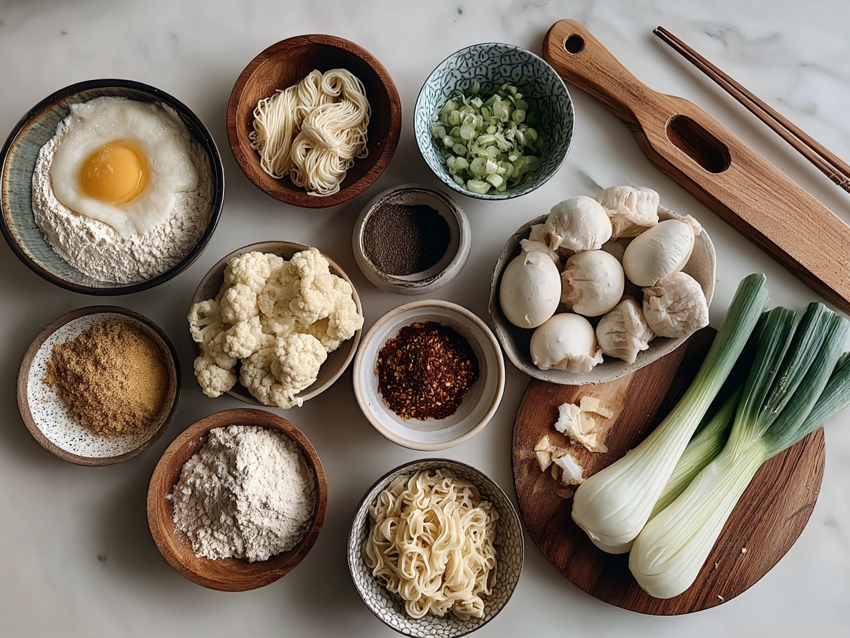 Ingredients for Dumpling Ramen Bowl laid out on table
