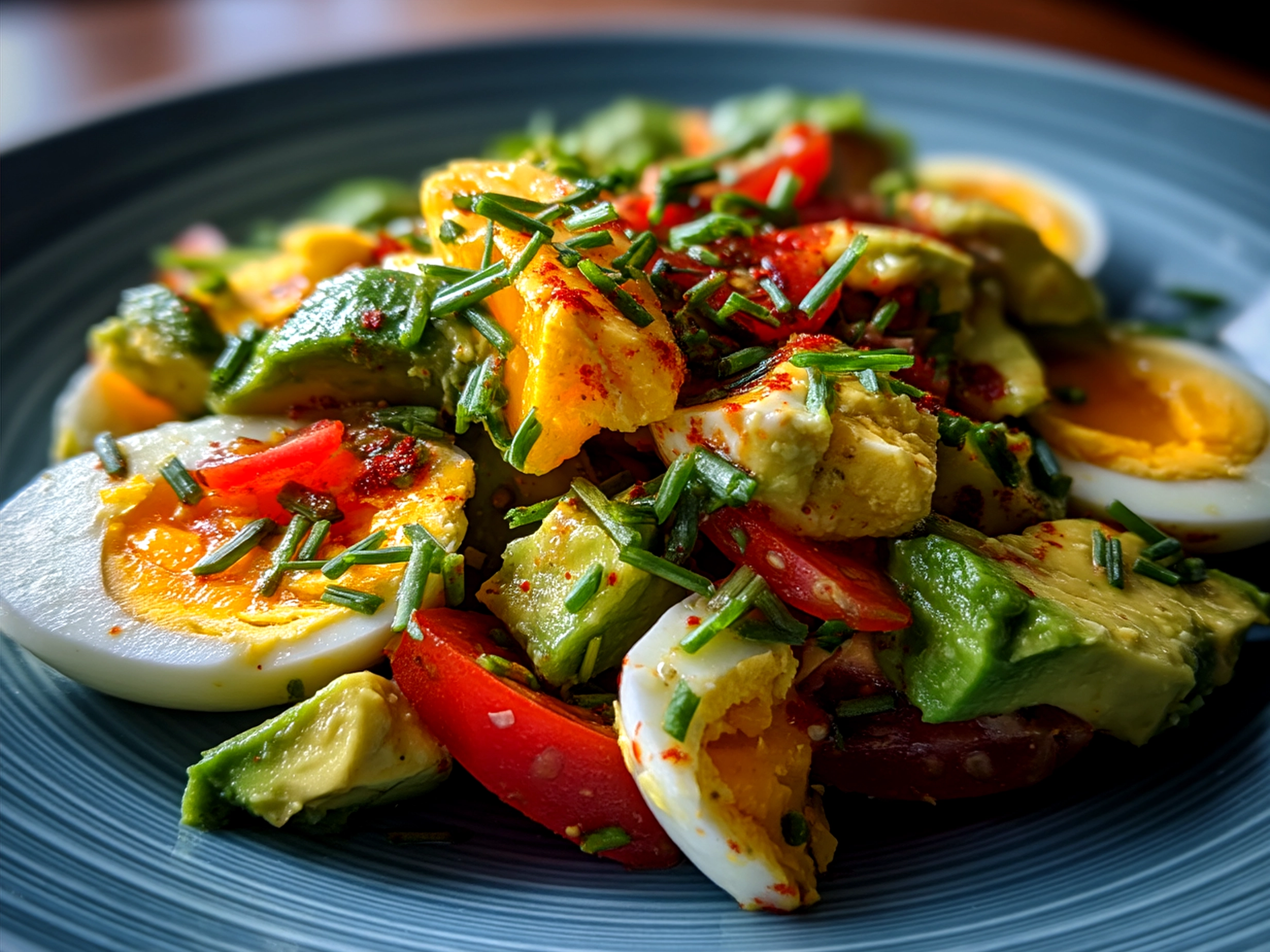 Serving suggestion for Egg Avocado Salad with crackers and fresh vegetables