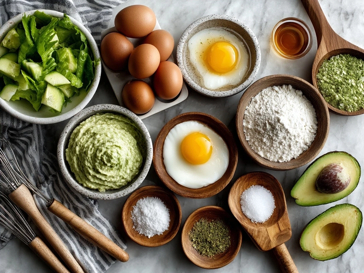 Ingredients for Egg Avocado Salad laid out: eggs, avocados, mayo, lemon, red onion, herbs, and spices