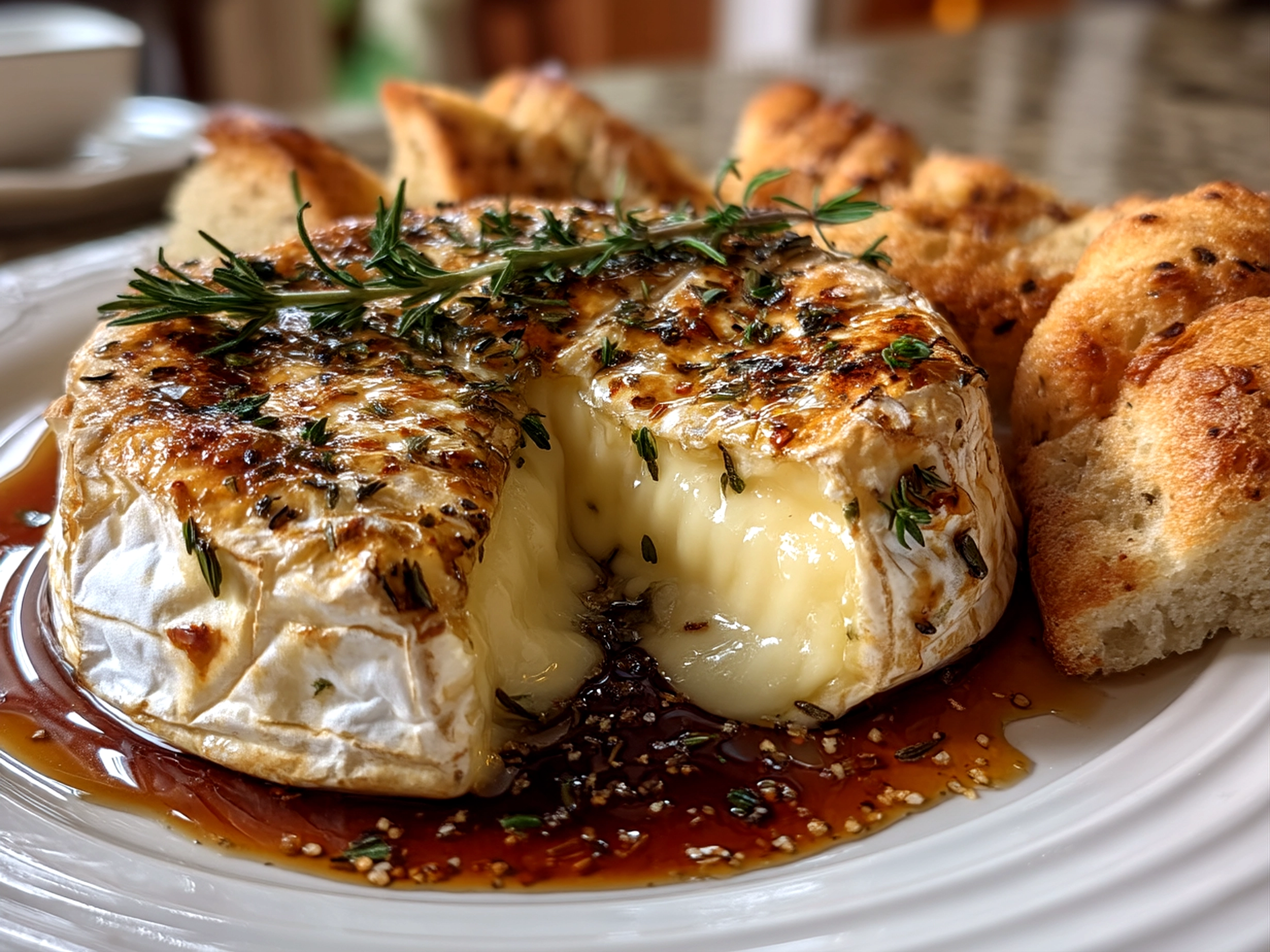 Plated warm baked brie with garlic and herbs served with toasted bread
