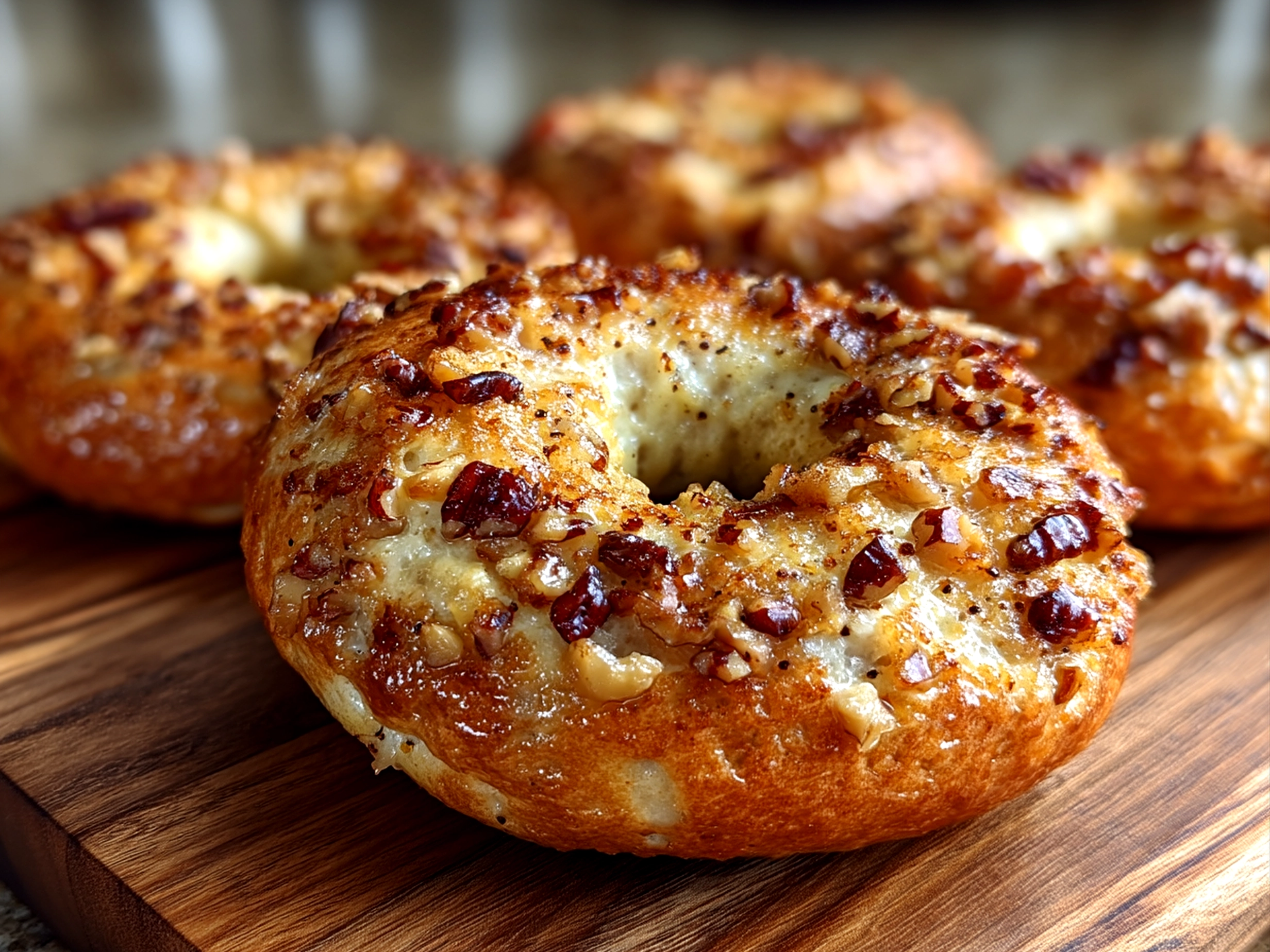 Close-up of golden baked Banana Nut Bagels on a table ready to eat