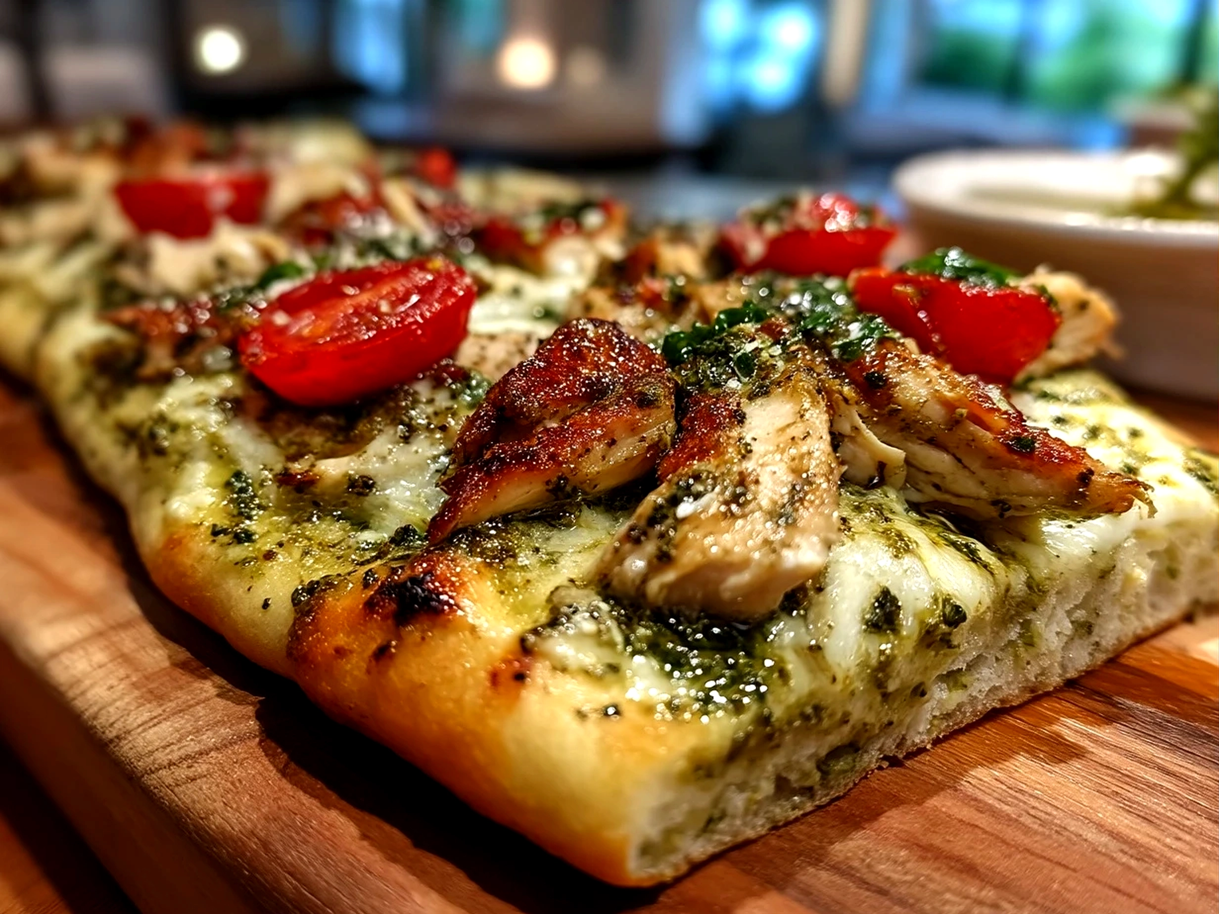 Finished beautifully plated pesto chicken flatbread close up