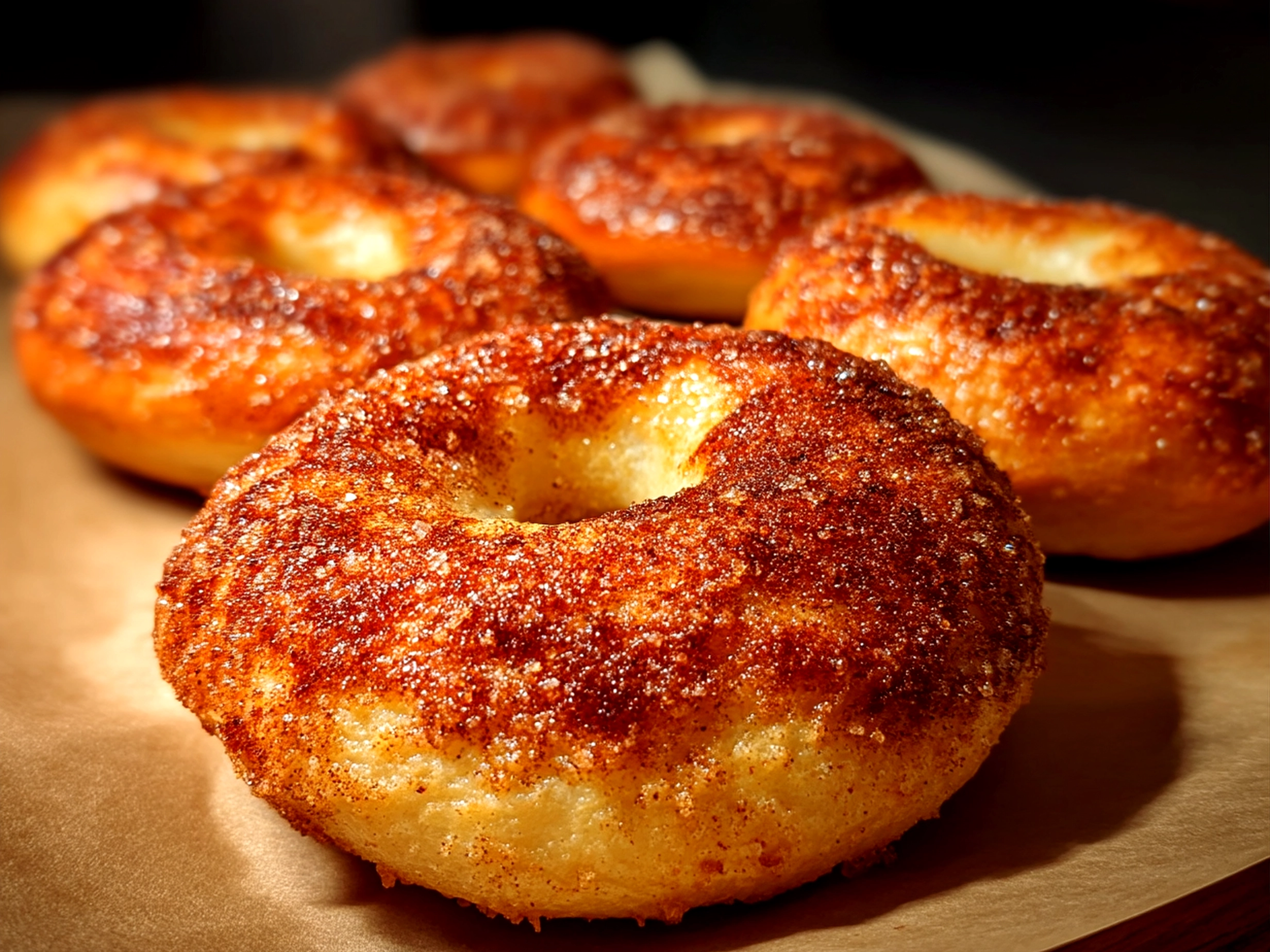 Close-up of finished cinnamon sugar bagels on a plate