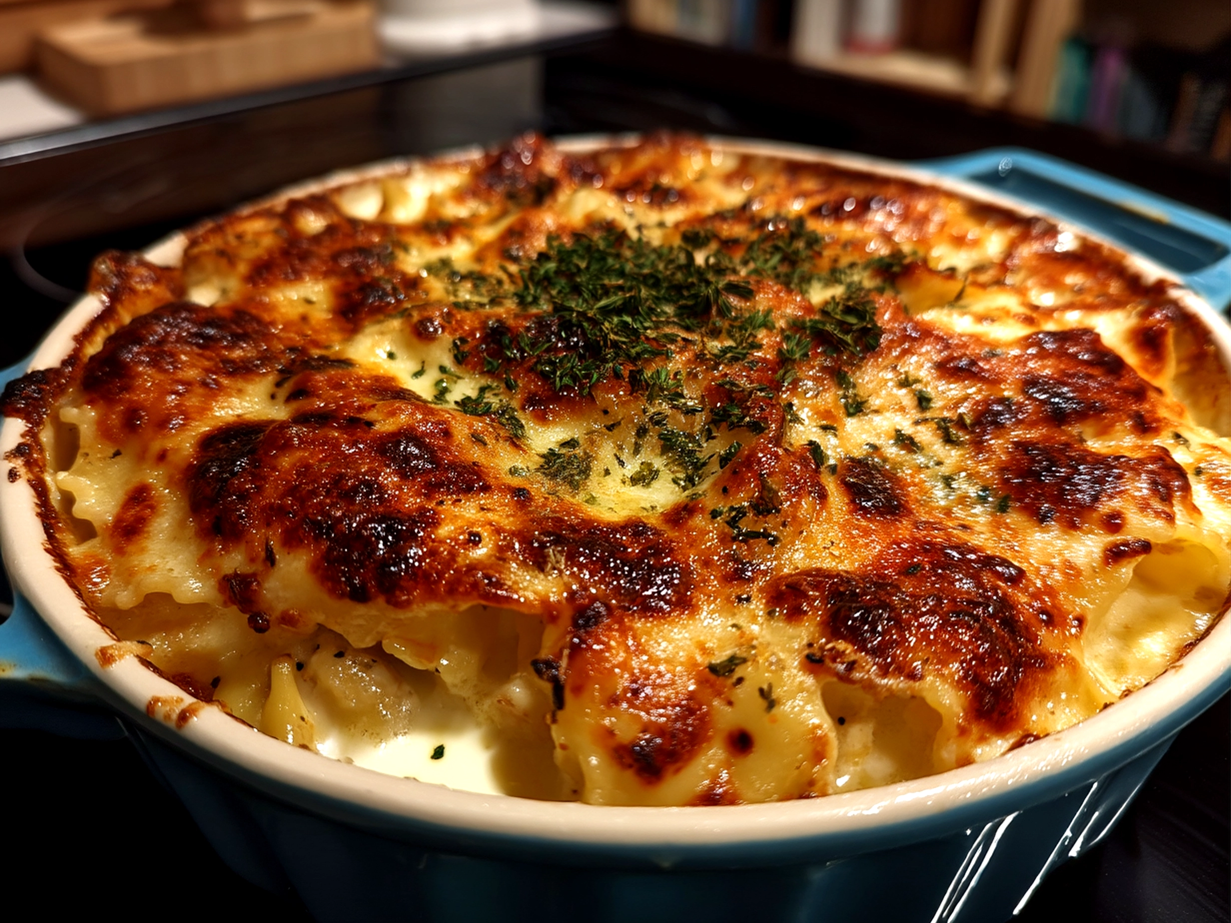 Finished comforting Chicken Alfredo Lasagna Soup served with a fresh garnish