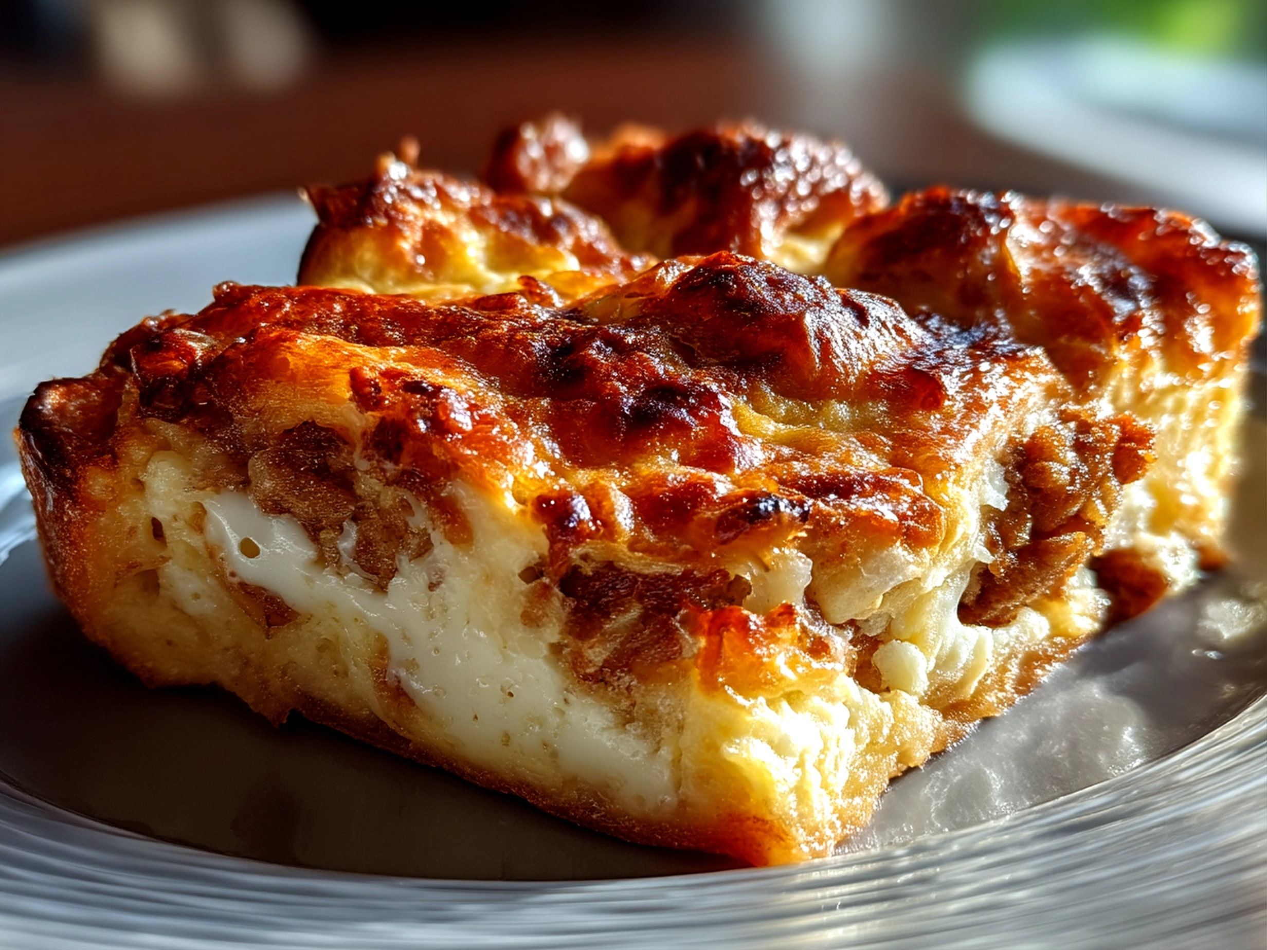 Close up of finished croissant breakfast casserole ready to serve
