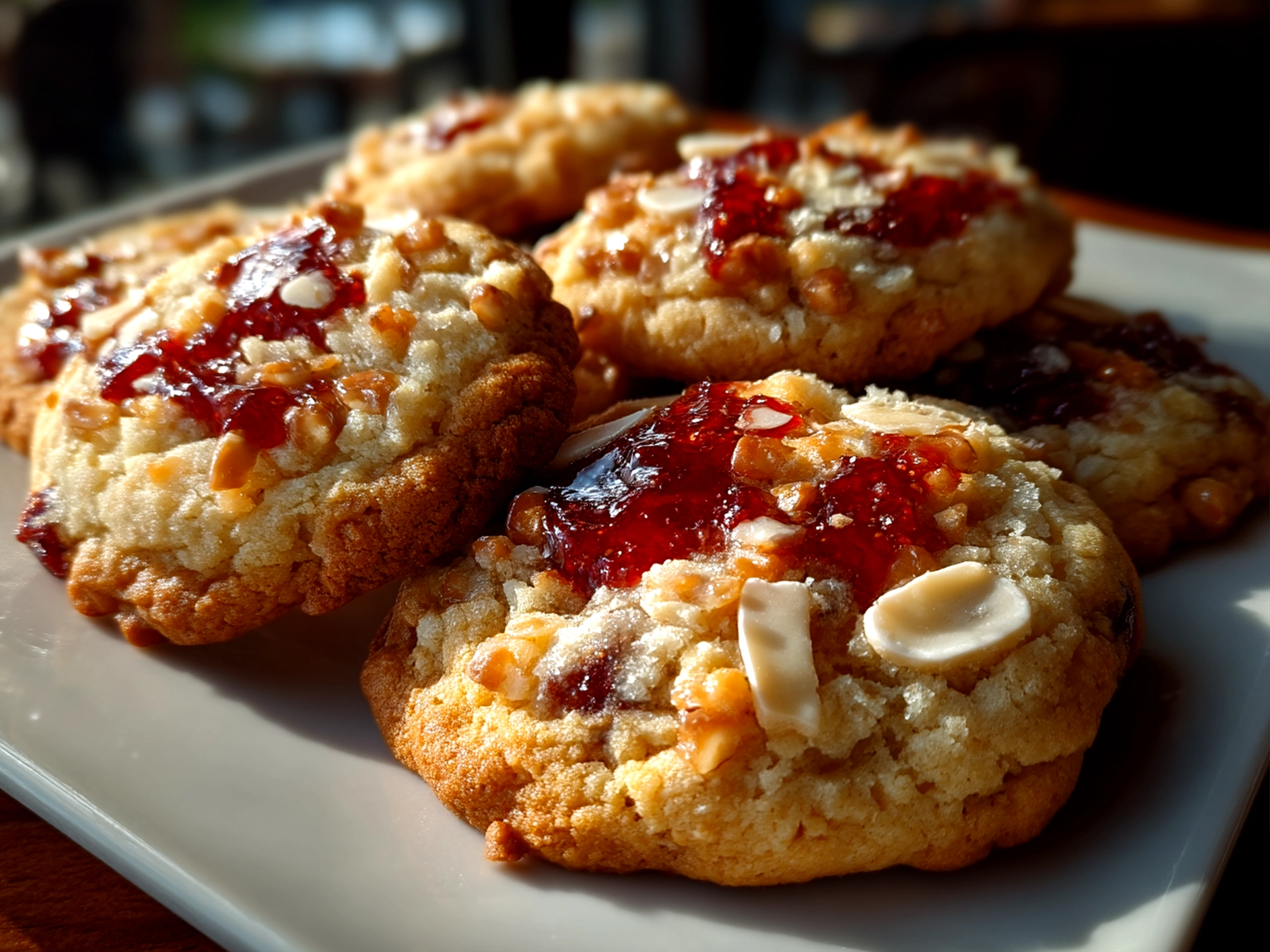 Close-up of finished delicious strawberry crunch cookies served on a plate