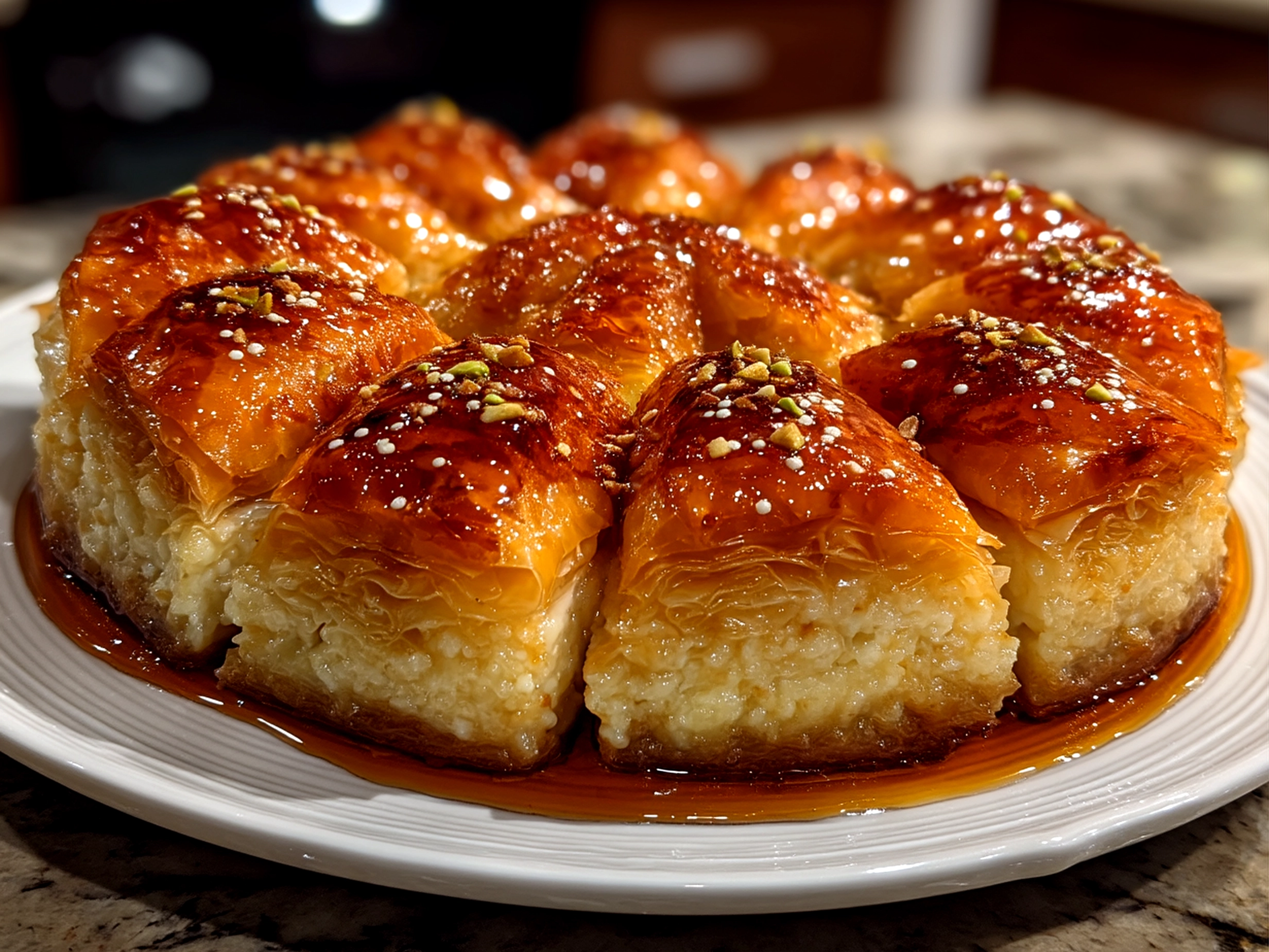 Finished Honey-Drizzled Baklava Cheesecake Phyllo Cookies with honey glaze shine