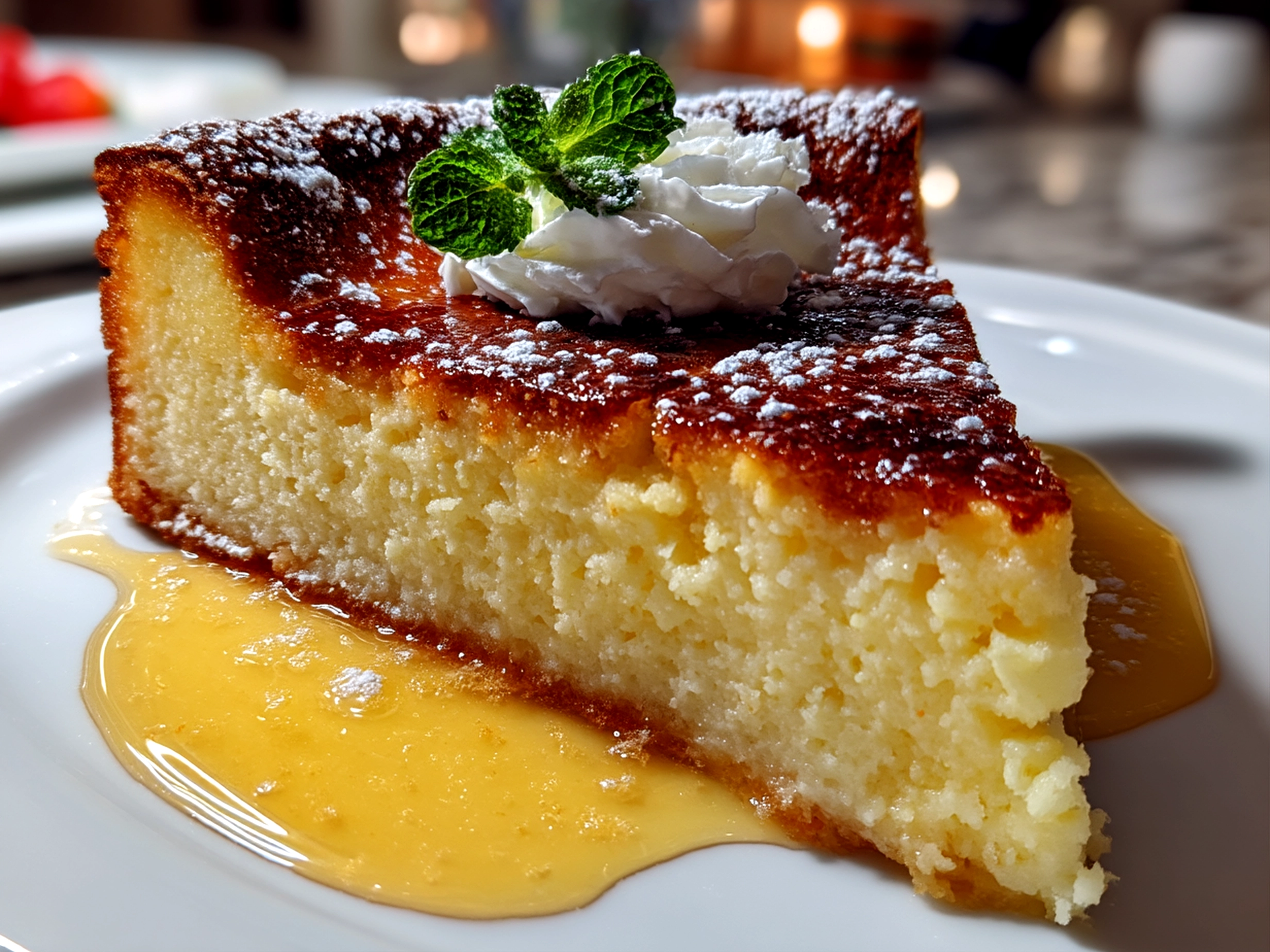 Close up of finished lemon custard cake with vibrant yellow custard and lemon zest on top
