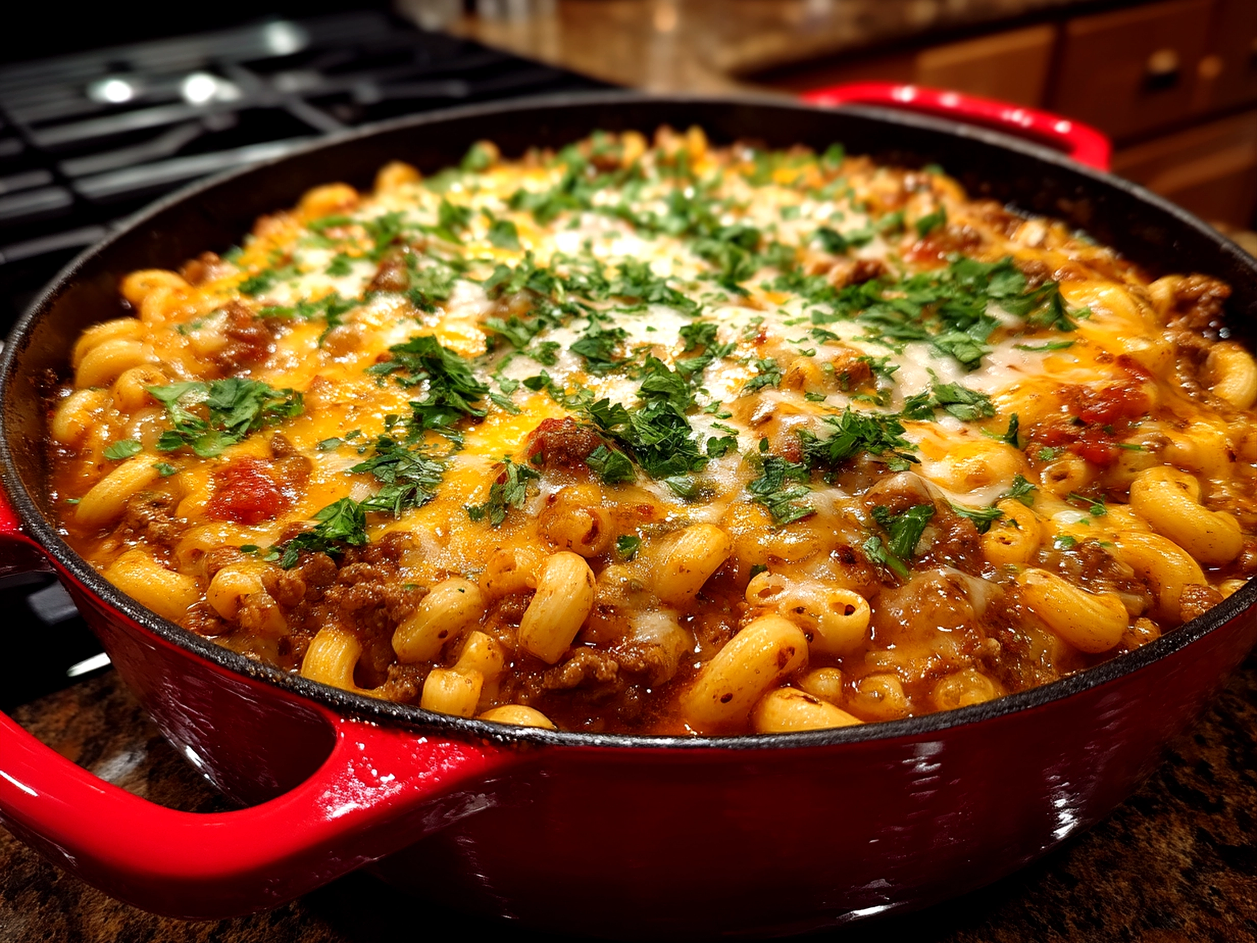 Close-up of finished One Pot Chili Mac and Cheese in a bowl ready to eat