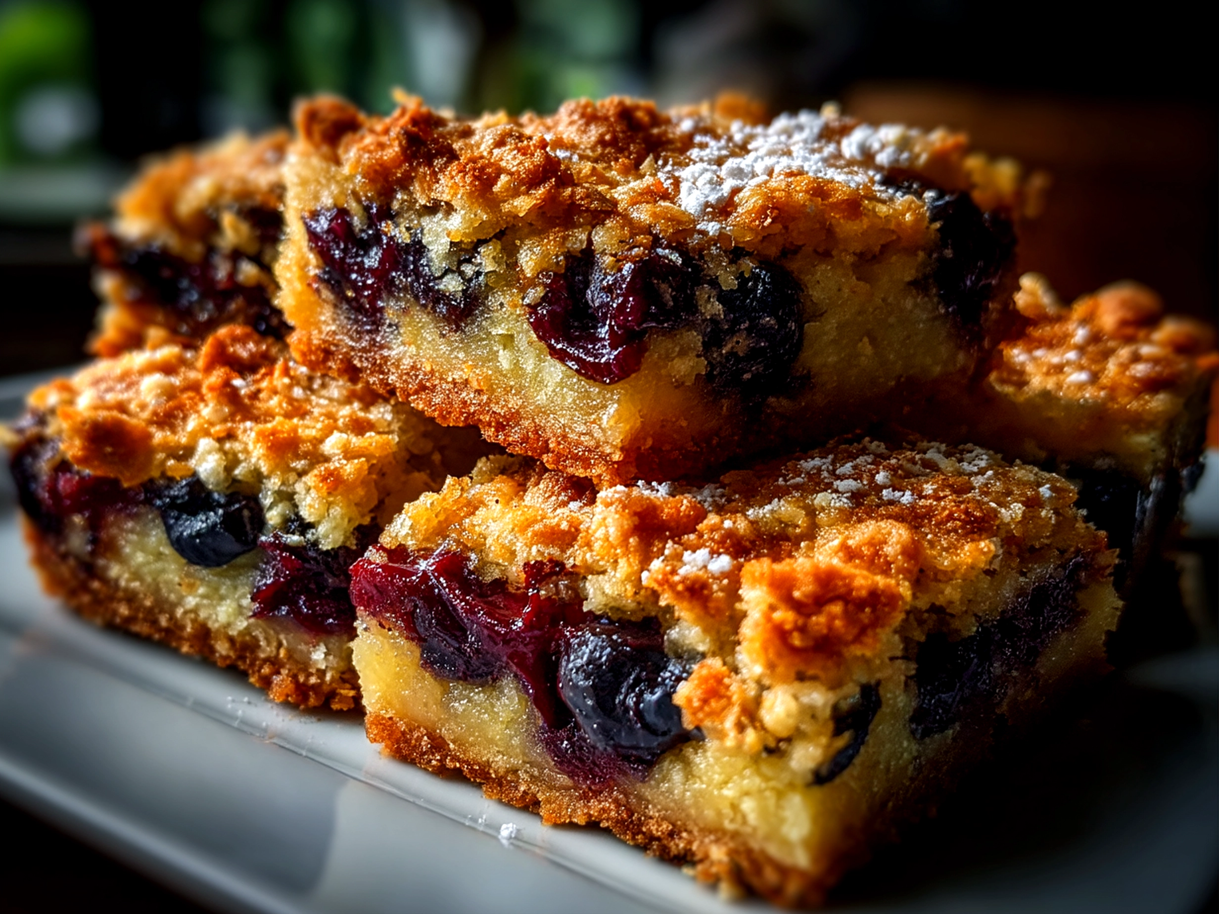 Close up of homemade Sourdough Blueberry Breakfast Bars