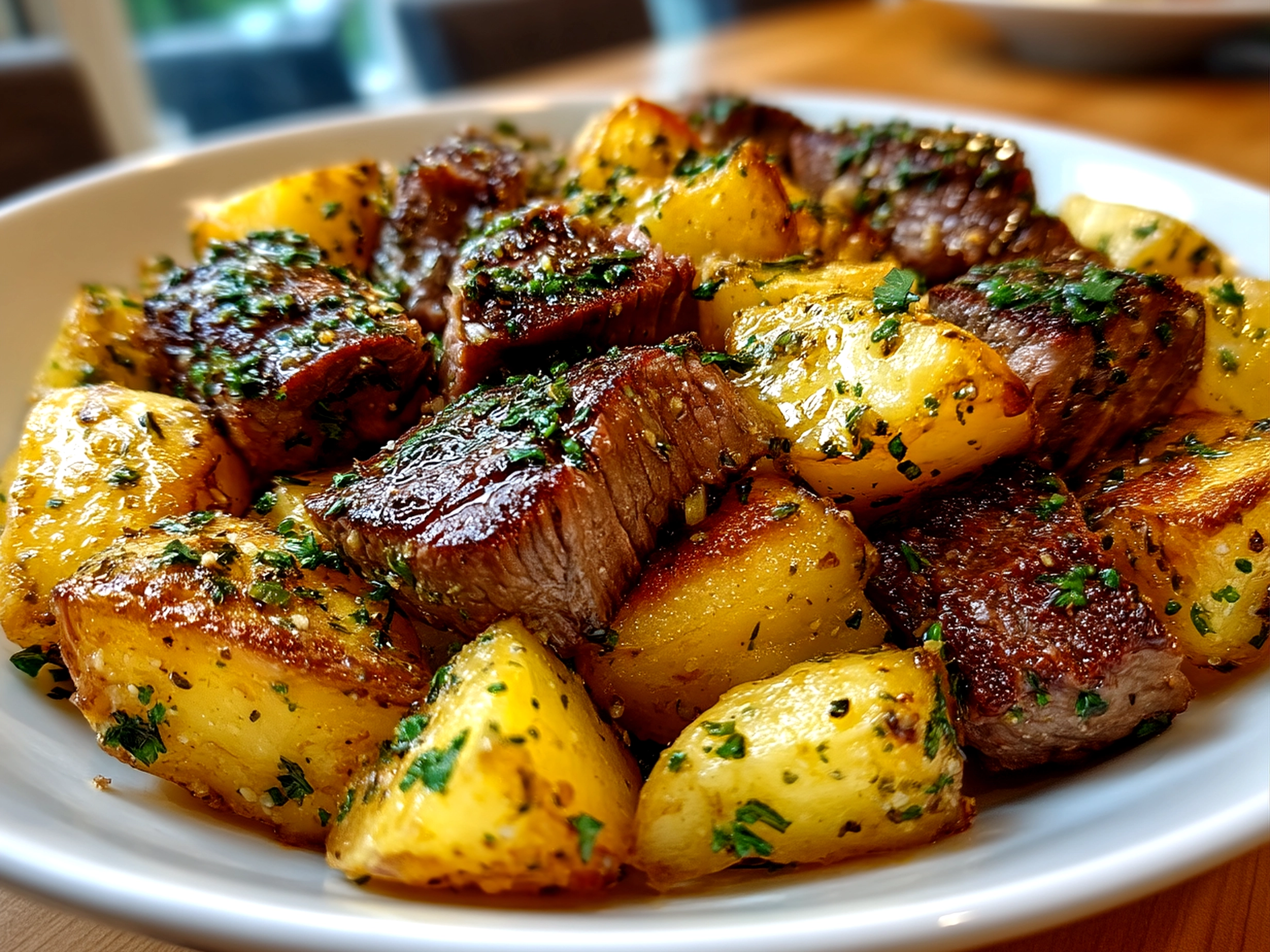 Close-up of creamy, cheesy Steakhouse Potatoes Romanov ready to serve with golden bubbly cheese on top