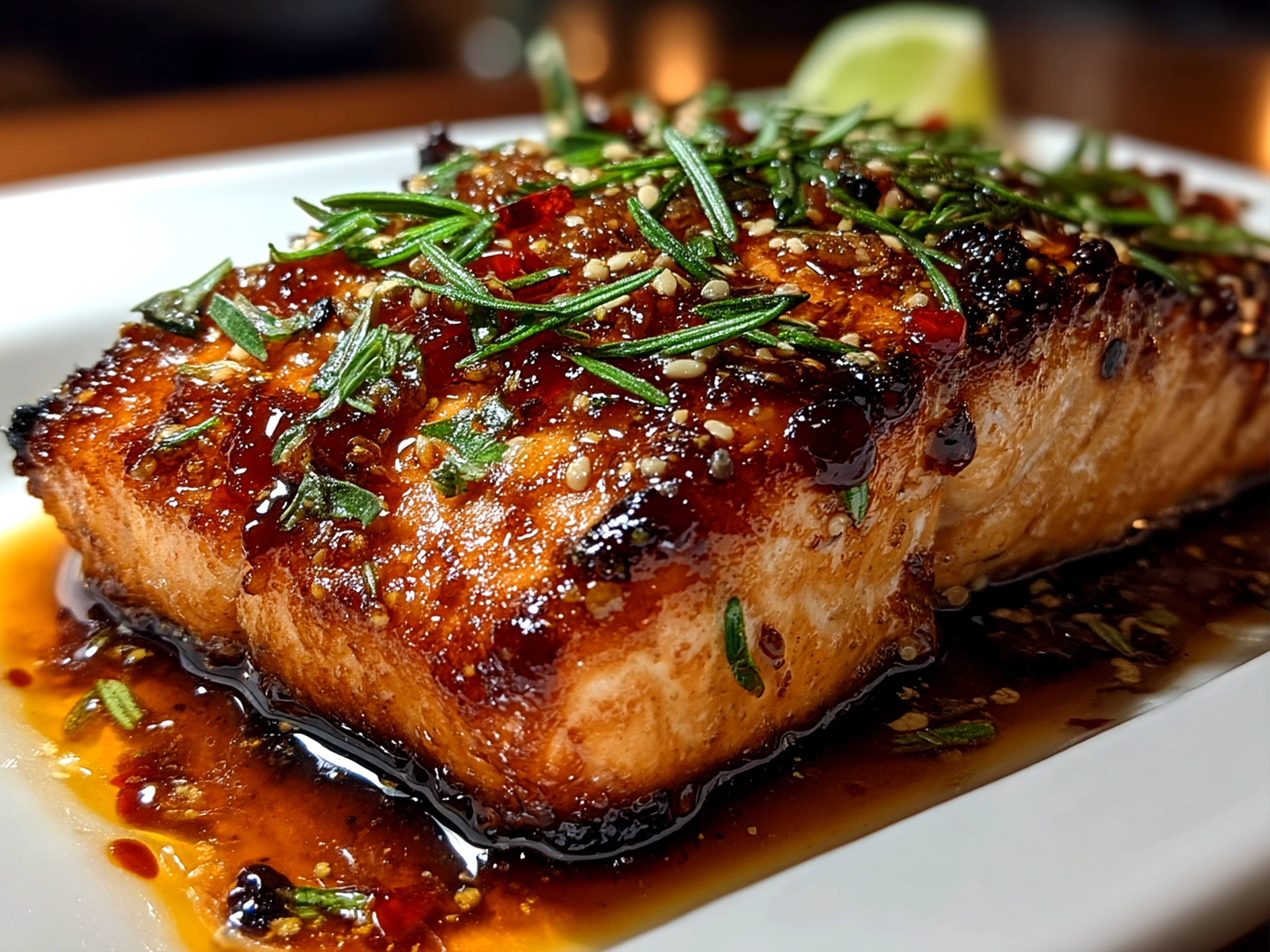 Close up of finished Sweet Chili Garlic Salmon with a glossy glaze served on a plate