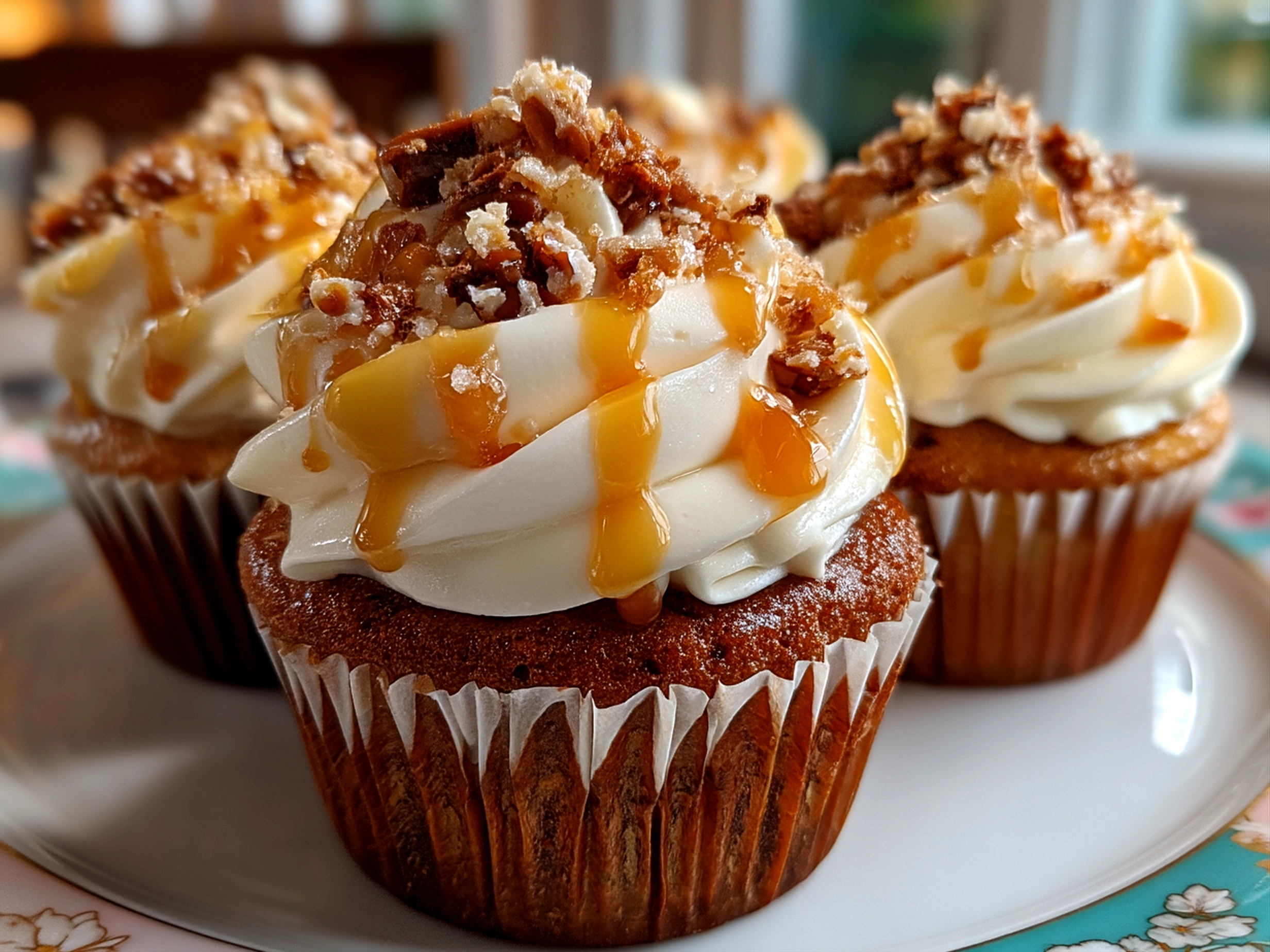Close-up view of finished Toffee Crunch Cupcakes with crunchy toffee frosting