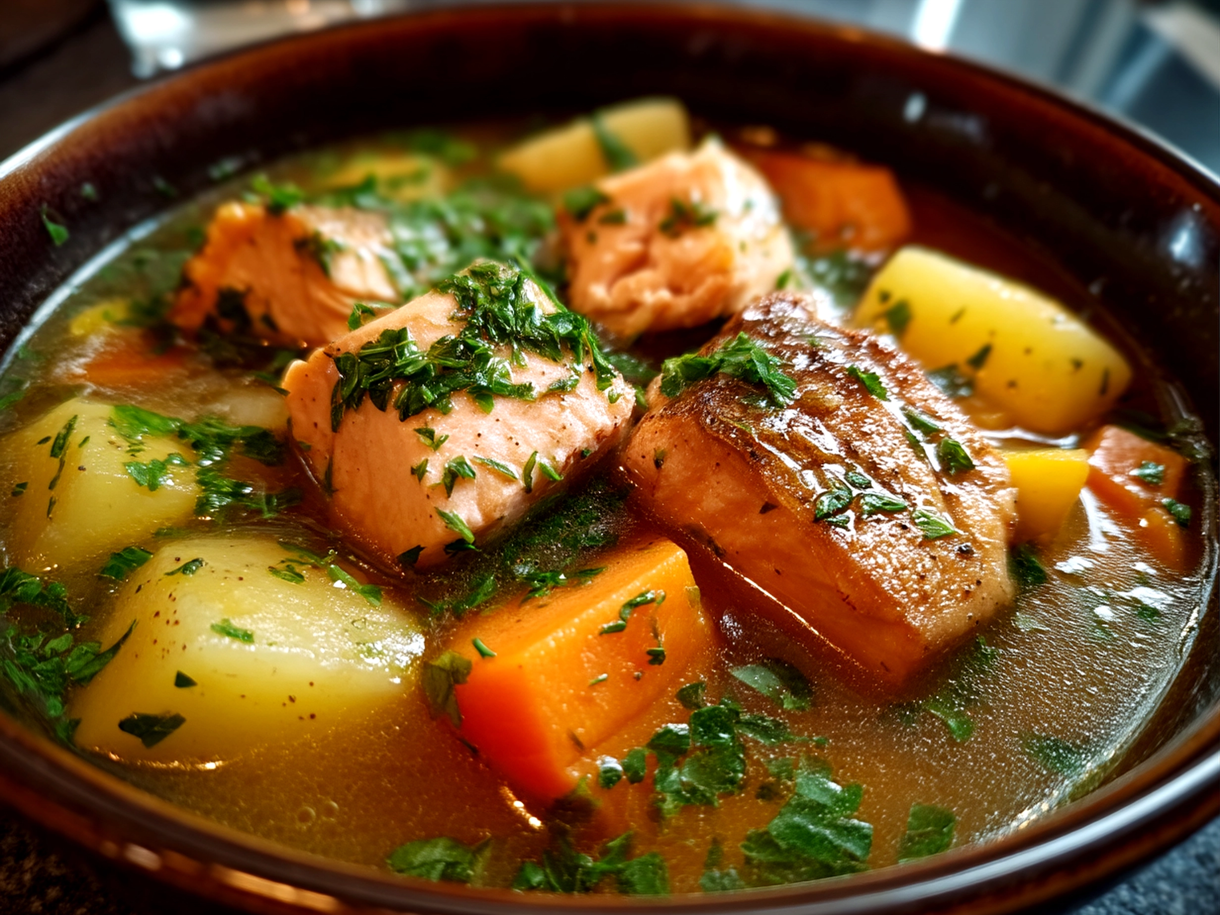 Bowl of creamy Finnish Salmon Soup garnished with fresh dill and served with rye bread