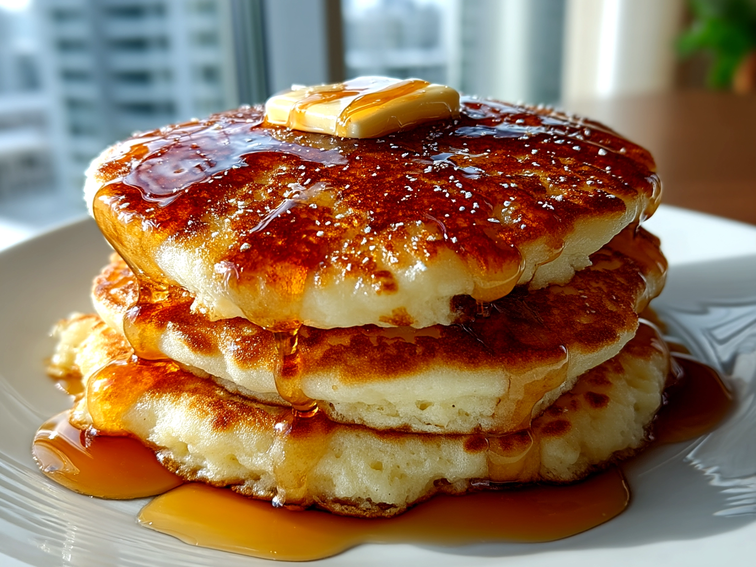 A stack of fluffy pancakes topped with butter and syrup, ready to be served