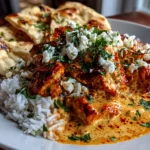 Food blogger, taken with iPhone 13. Close-up slight angle of delicious butter chicken skillet on white plate. rich inviting --ar 4:3 --style raw --s 250