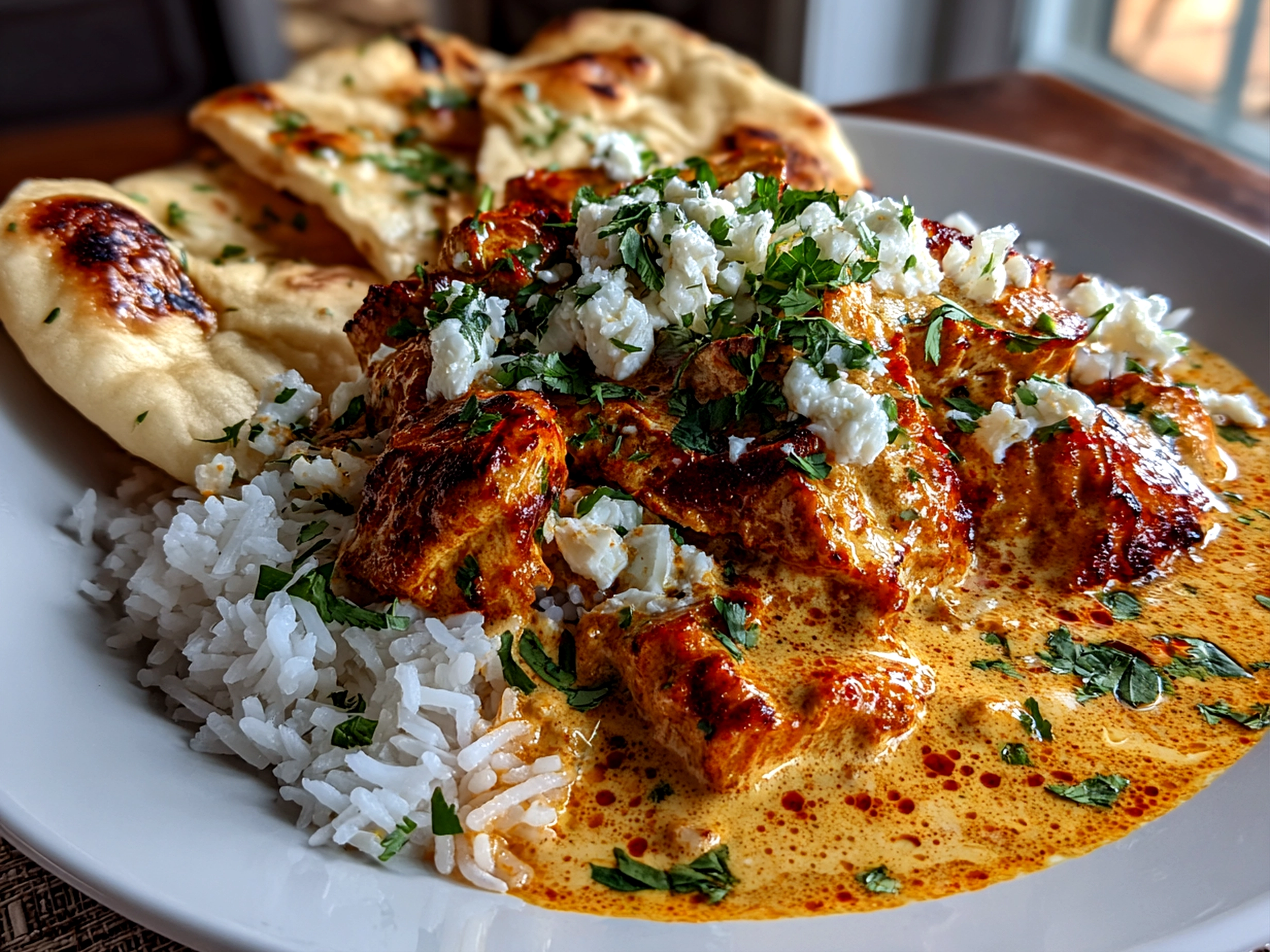 Food blogger, taken with iPhone 13. Close-up slight angle of delicious butter chicken skillet on white plate. rich inviting --ar 4:3 --style raw --s 250