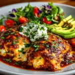 Food blogger, taken with iPhone 15 Pro. Close-up slight angle of beautiful One Pot Low Carb Chicken Enchilada Skillet on white plate. Mouthwatering --ar 4:3 --style raw --s 240