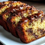 Freshly baked chocolate chip banana bread on white plate
