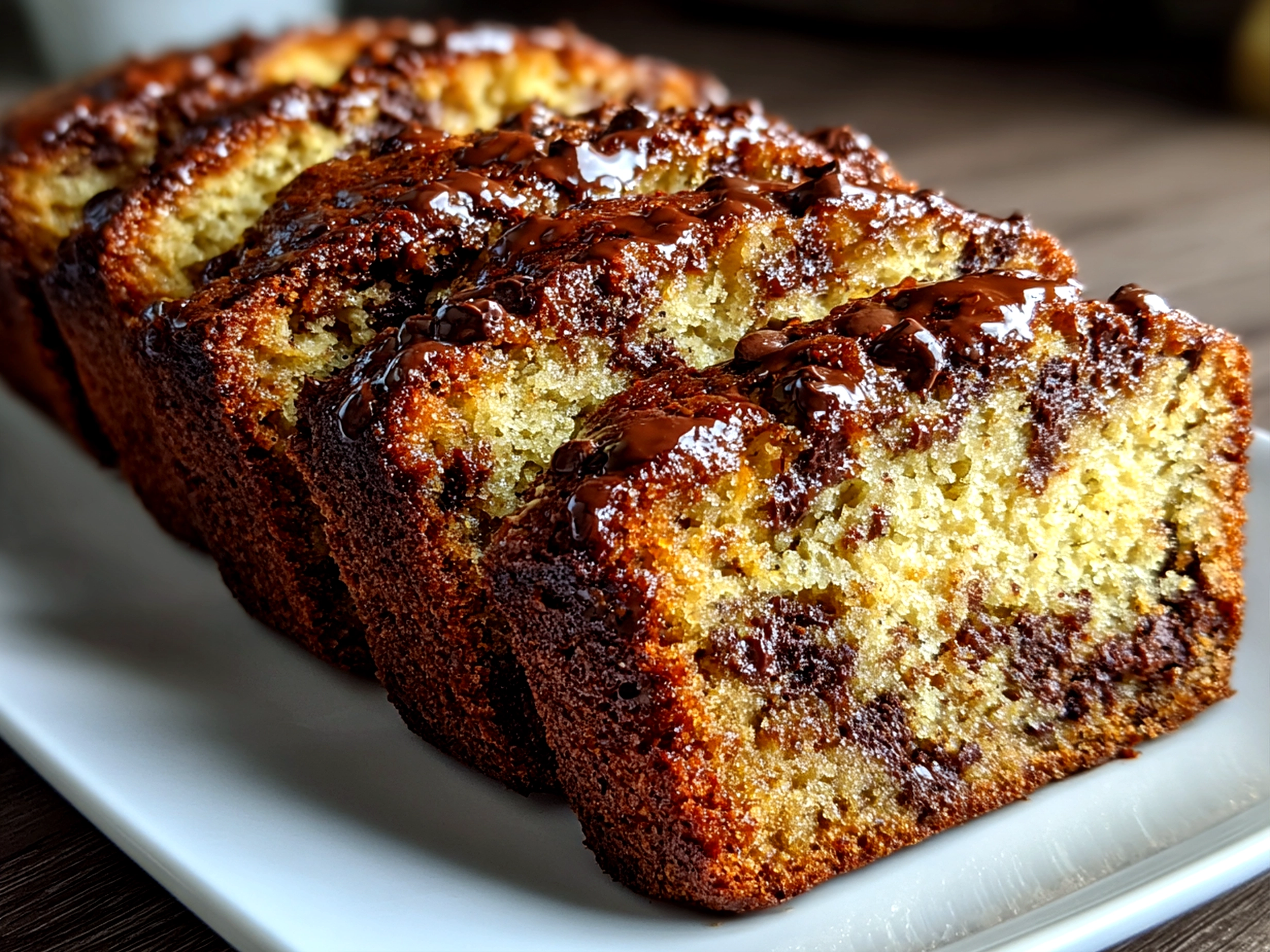 Freshly baked chocolate chip banana bread on white plate