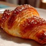 Freshly baked French croissant on white plate
