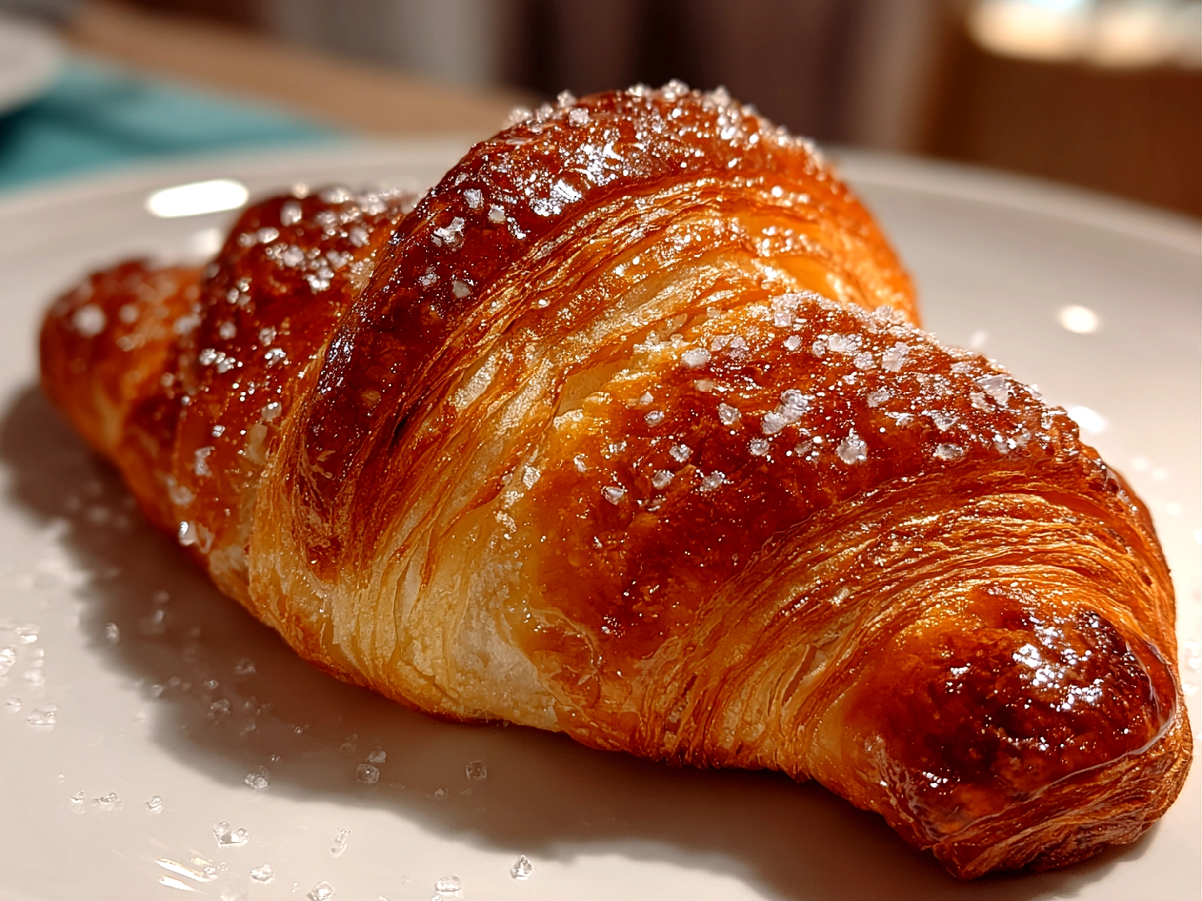 Freshly baked French croissant on white plate