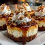Freshly prepared apple crisp mini cheesecakes on white plate