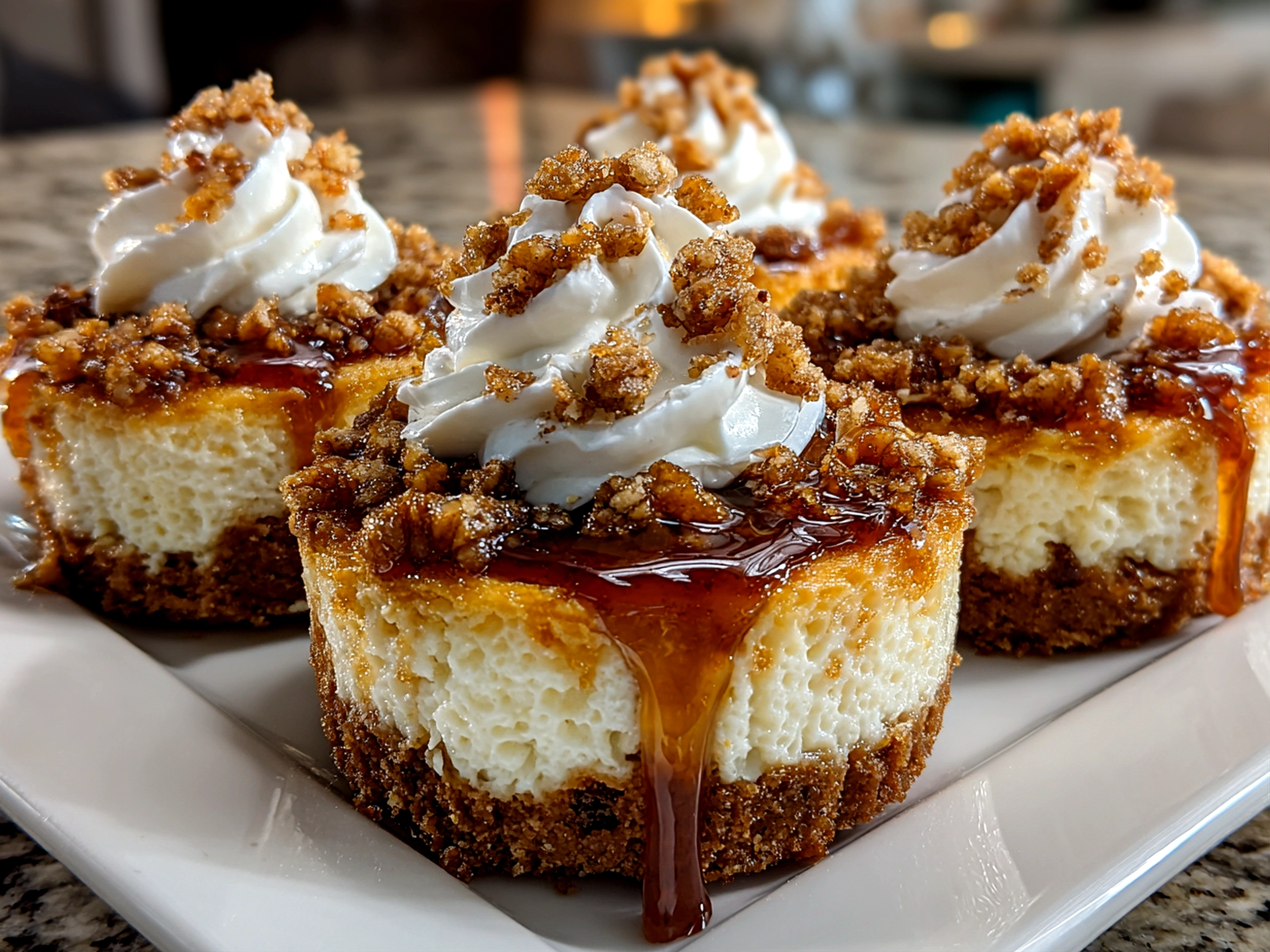 Freshly prepared apple crisp mini cheesecakes on white plate