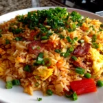 Freshly prepared Bang Bang Fried Rice on white plate