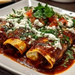 Freshly prepared Birria Enchiladas on white plate