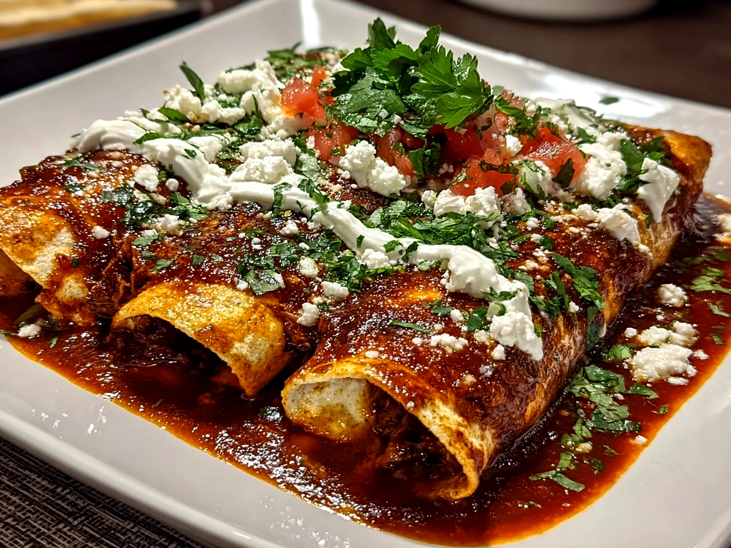 Freshly prepared Birria Enchiladas on white plate