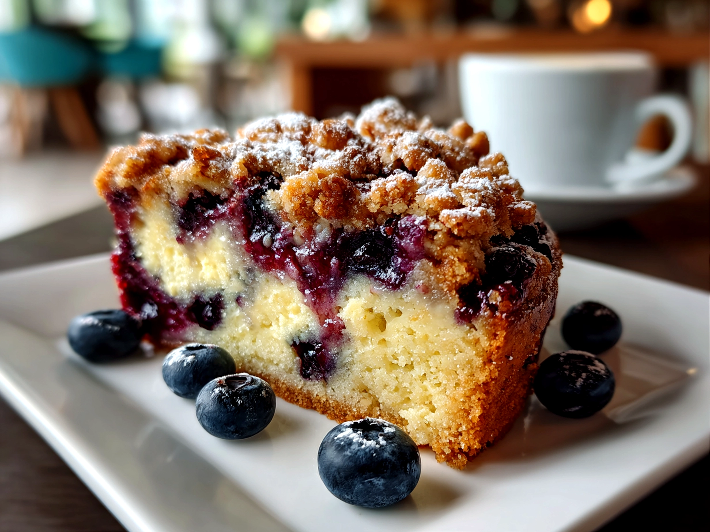 Freshly prepared blueberry crumb cake on white plate